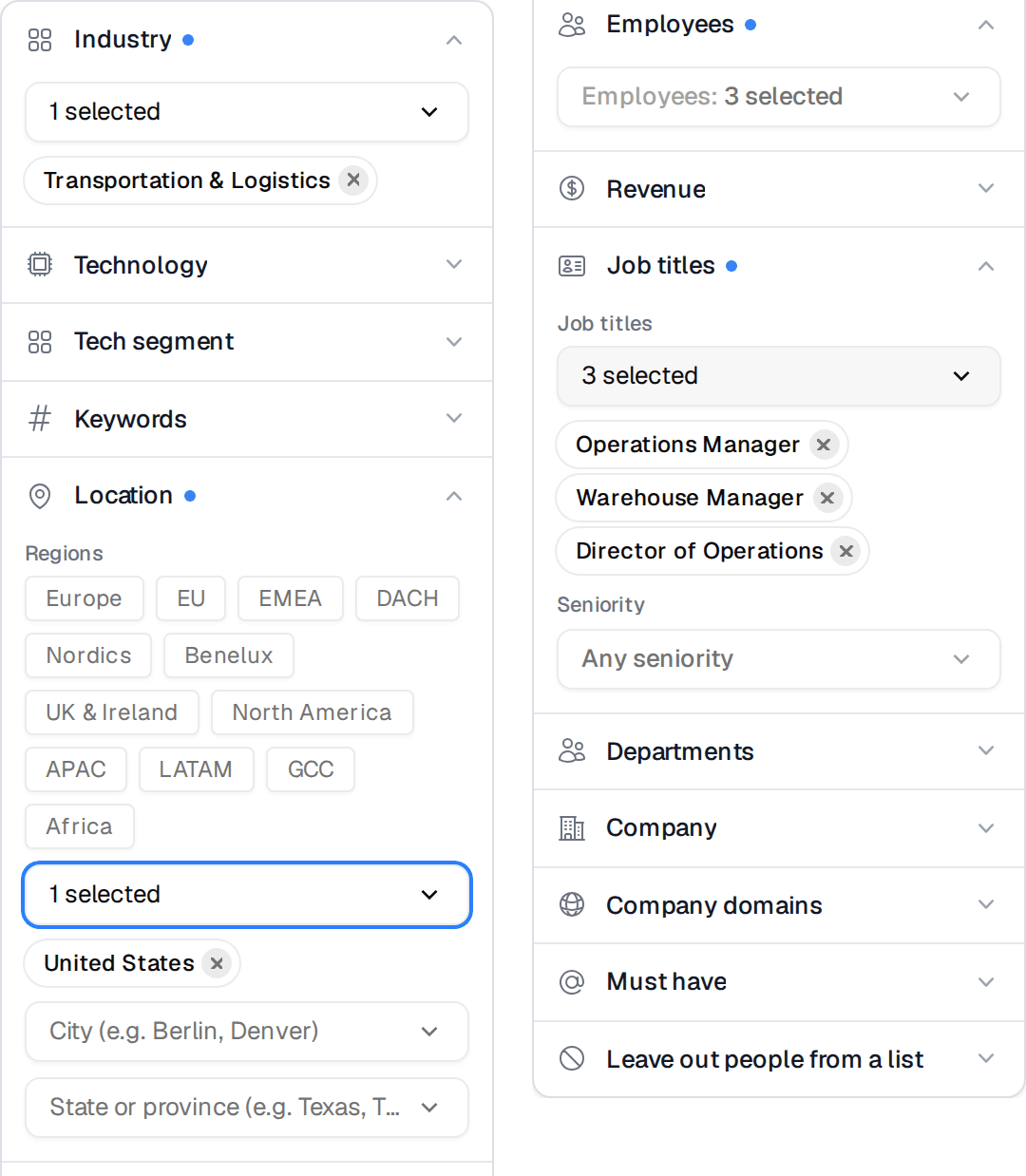 People search with Industry, Job titles and Location filters set