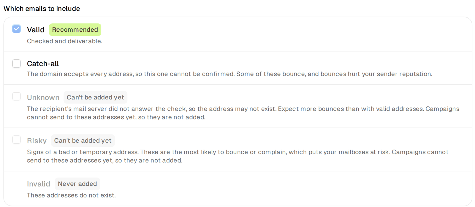 Which emails to include, with Valid recommended and Catch-all optional