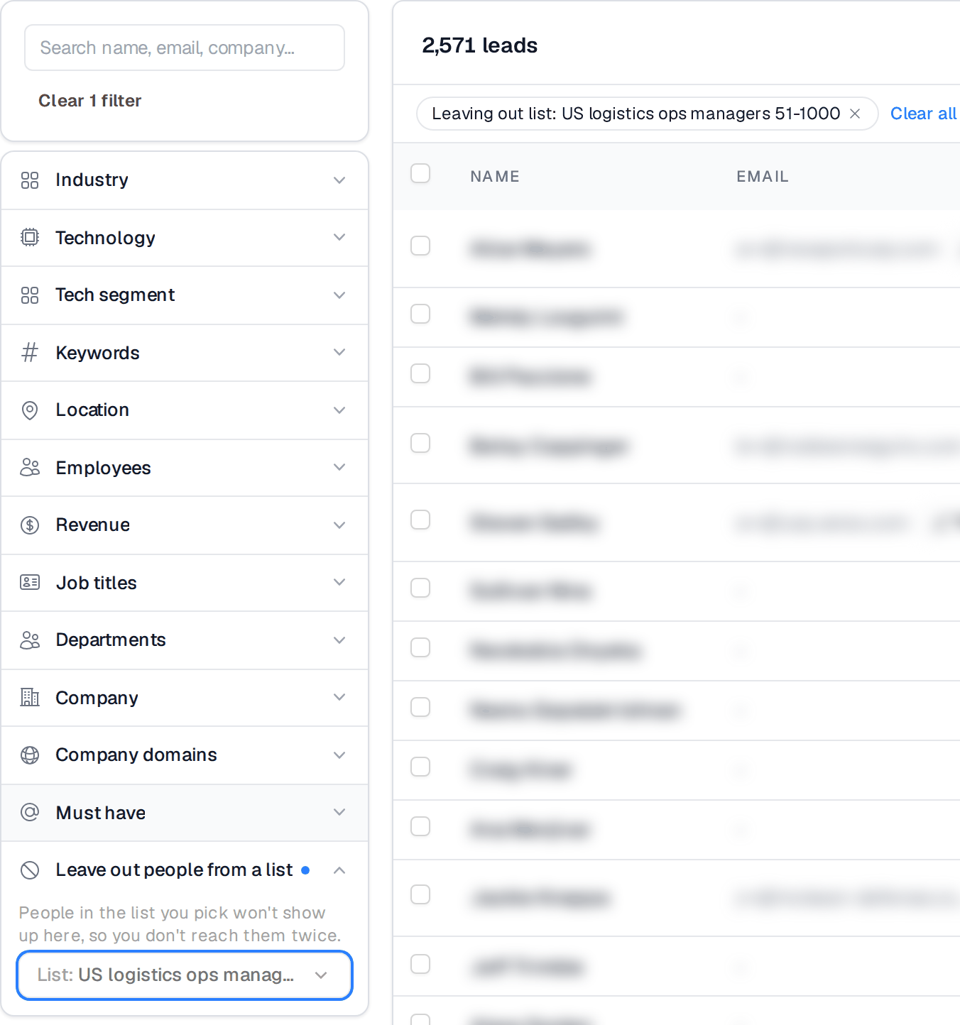 The Leave out people from a list filter, open