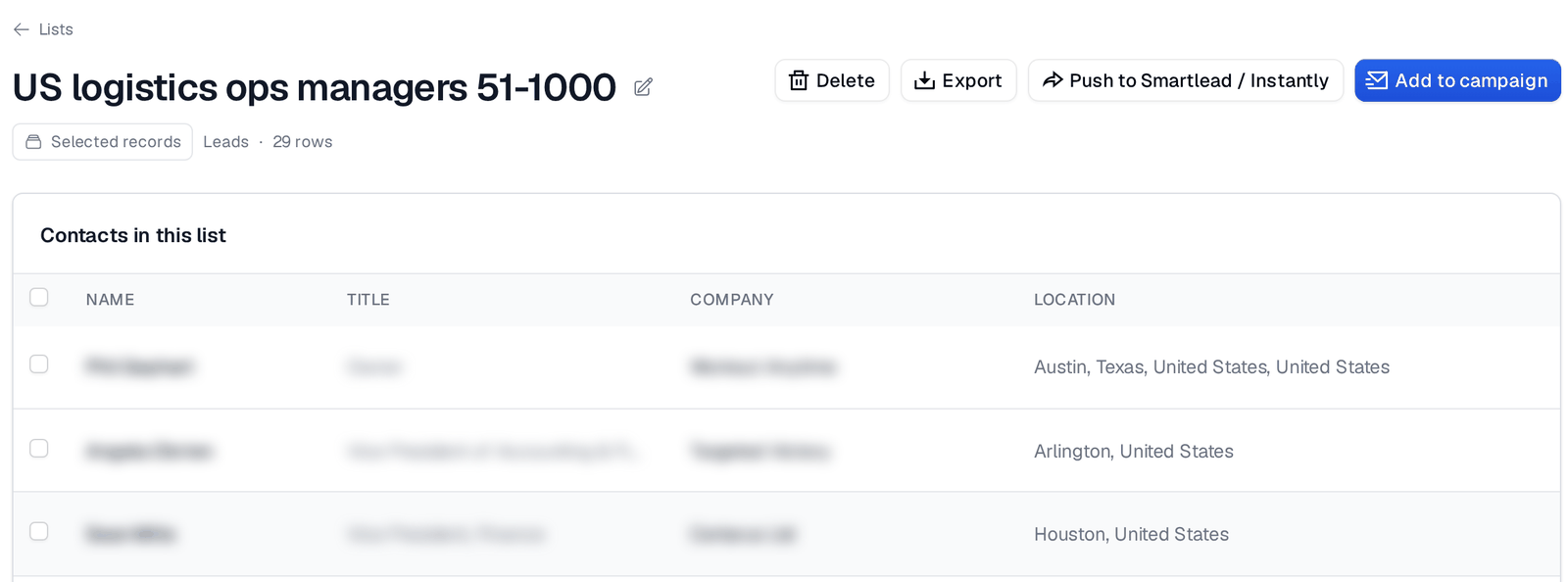 A saved list with the Add to campaign button