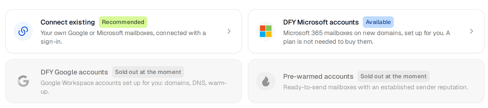 The Inboxes page with the options to connect existing mailboxes or order new ones
