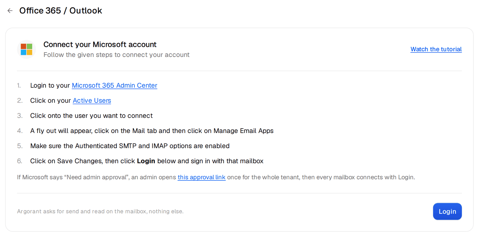 The Office 365 connection steps with the Login button
