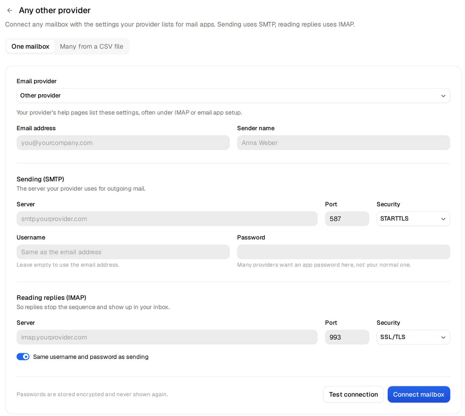 The form for connecting a mailbox from any provider