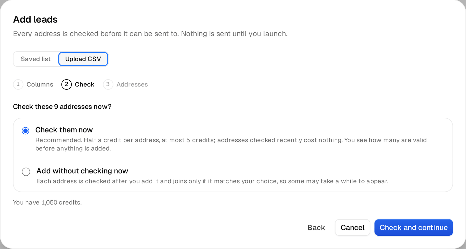 The Add leads dialog asking whether to check the addresses now