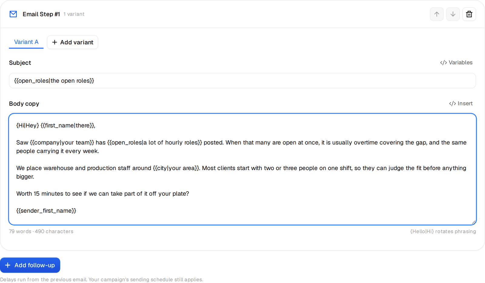 The email editor with the first email of the sequence