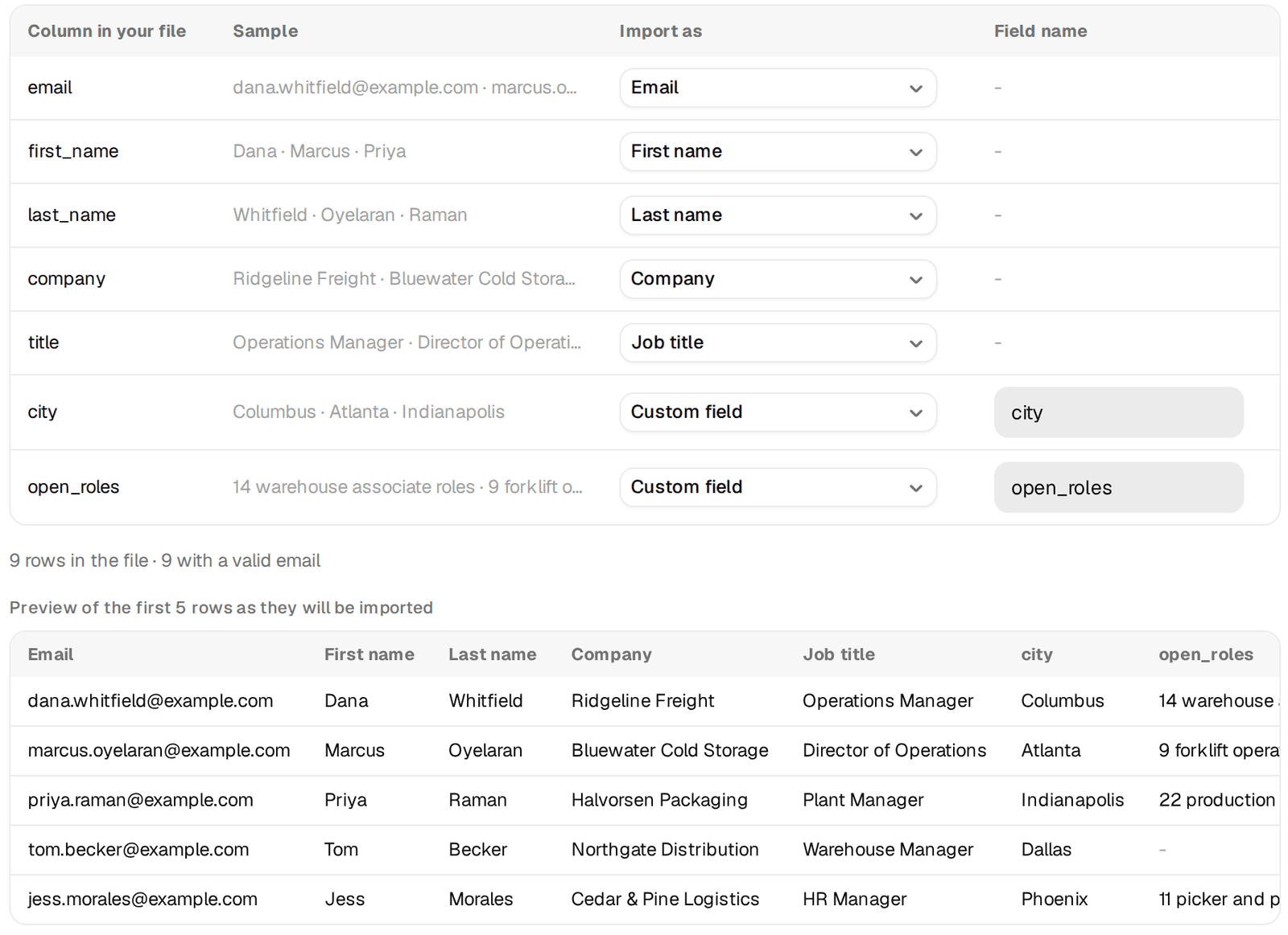 Mapping CSV columns, with open_roles kept as a custom field