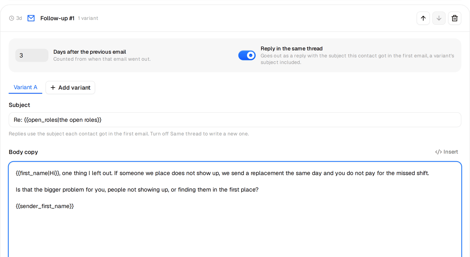 A follow-up set to reply in the same thread, three days later