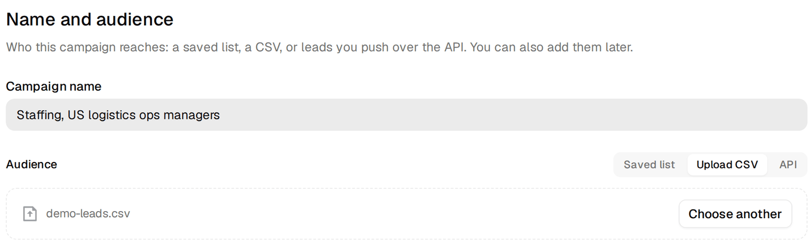 Step 1 of the campaign wizard with a name and an uploaded CSV