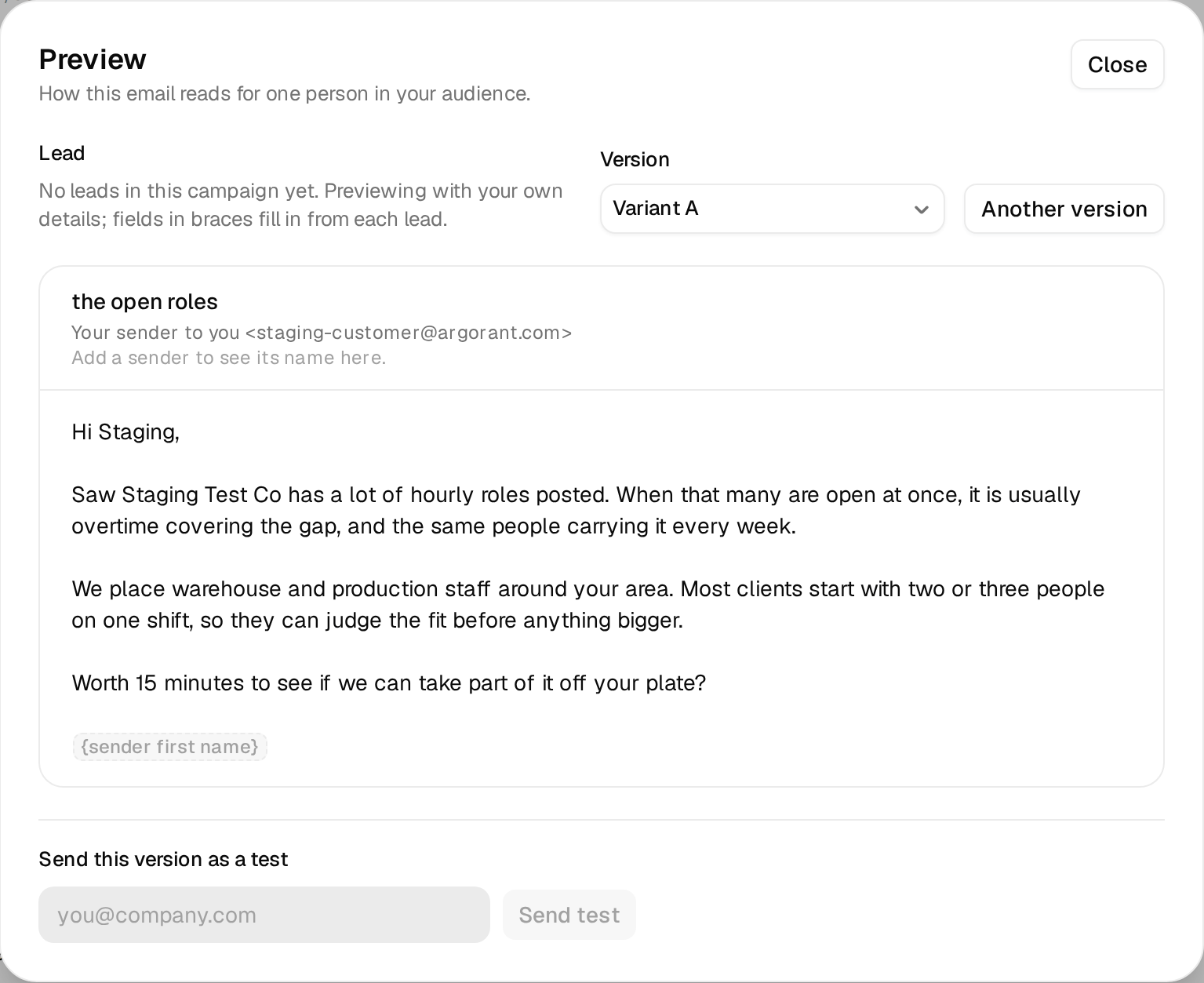 The email preview showing the sequence for one lead with variables filled in