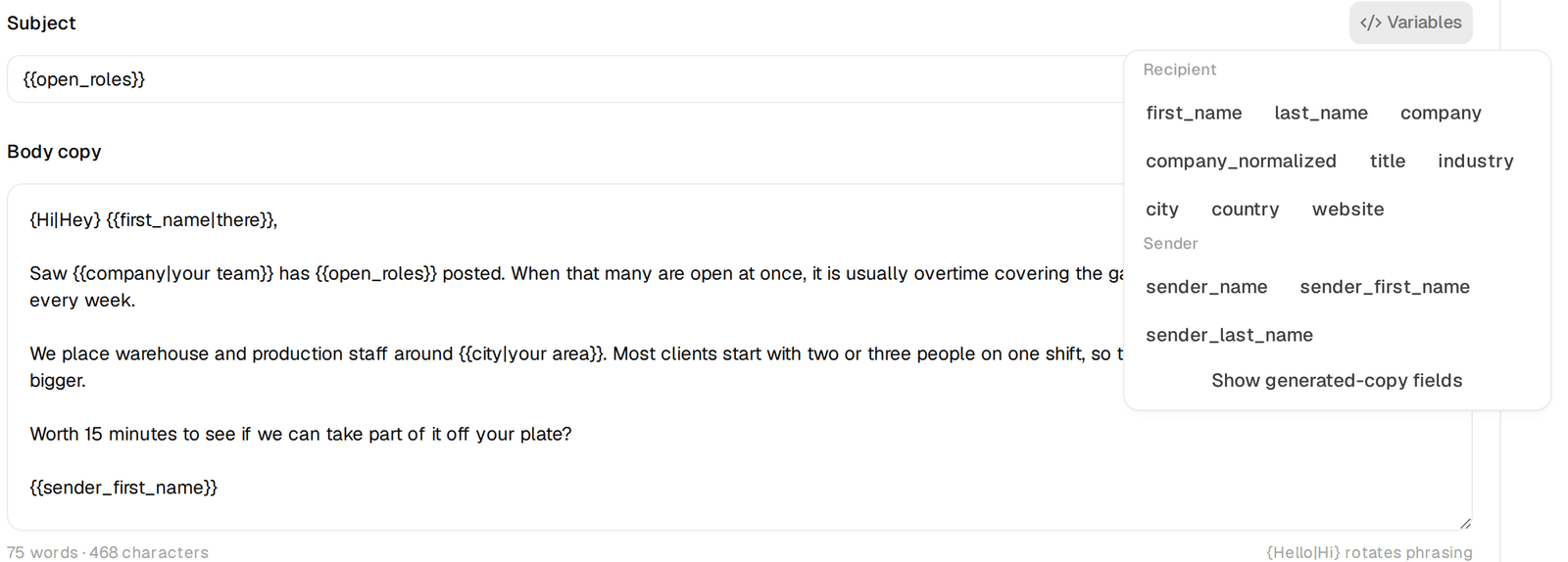 The Variables menu in the email editor