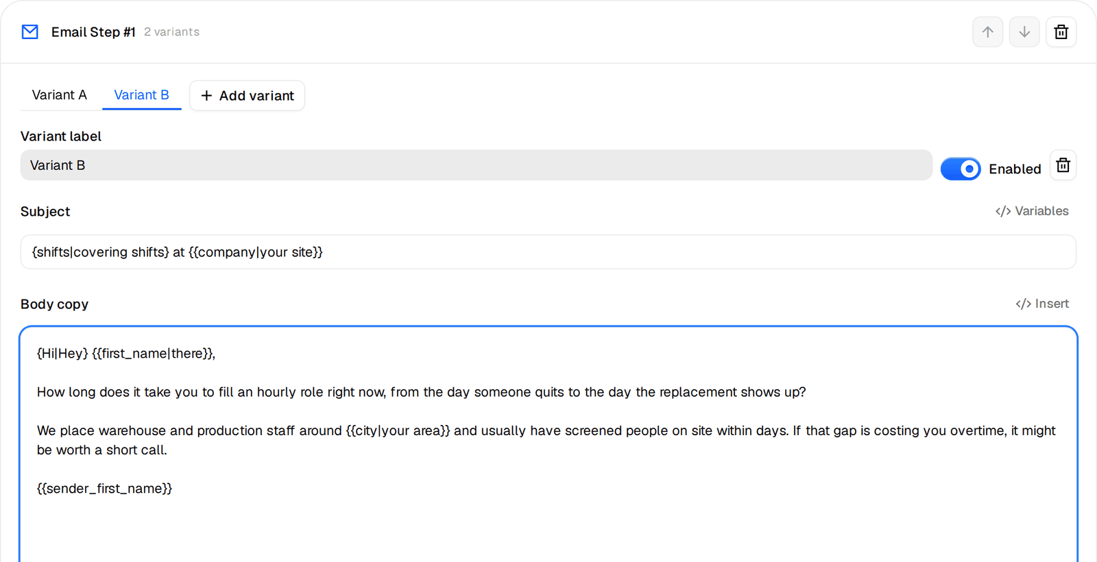 Variant A and Variant B tabs on the first email