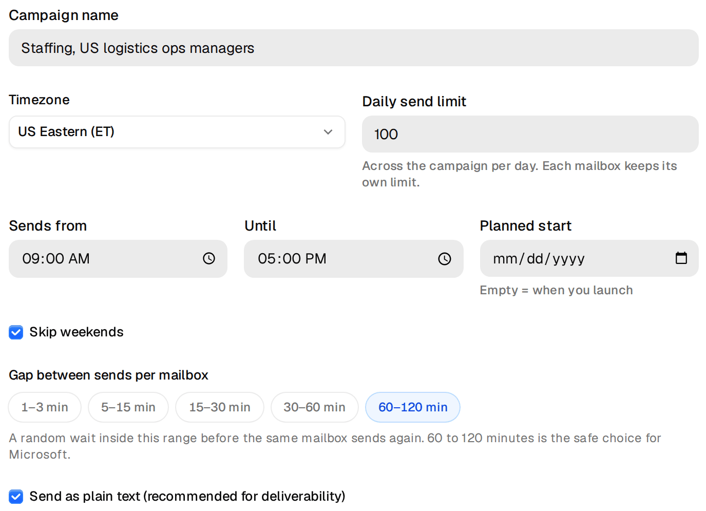 Schedule settings with timezone, daily limit, sending hours and gap between sends