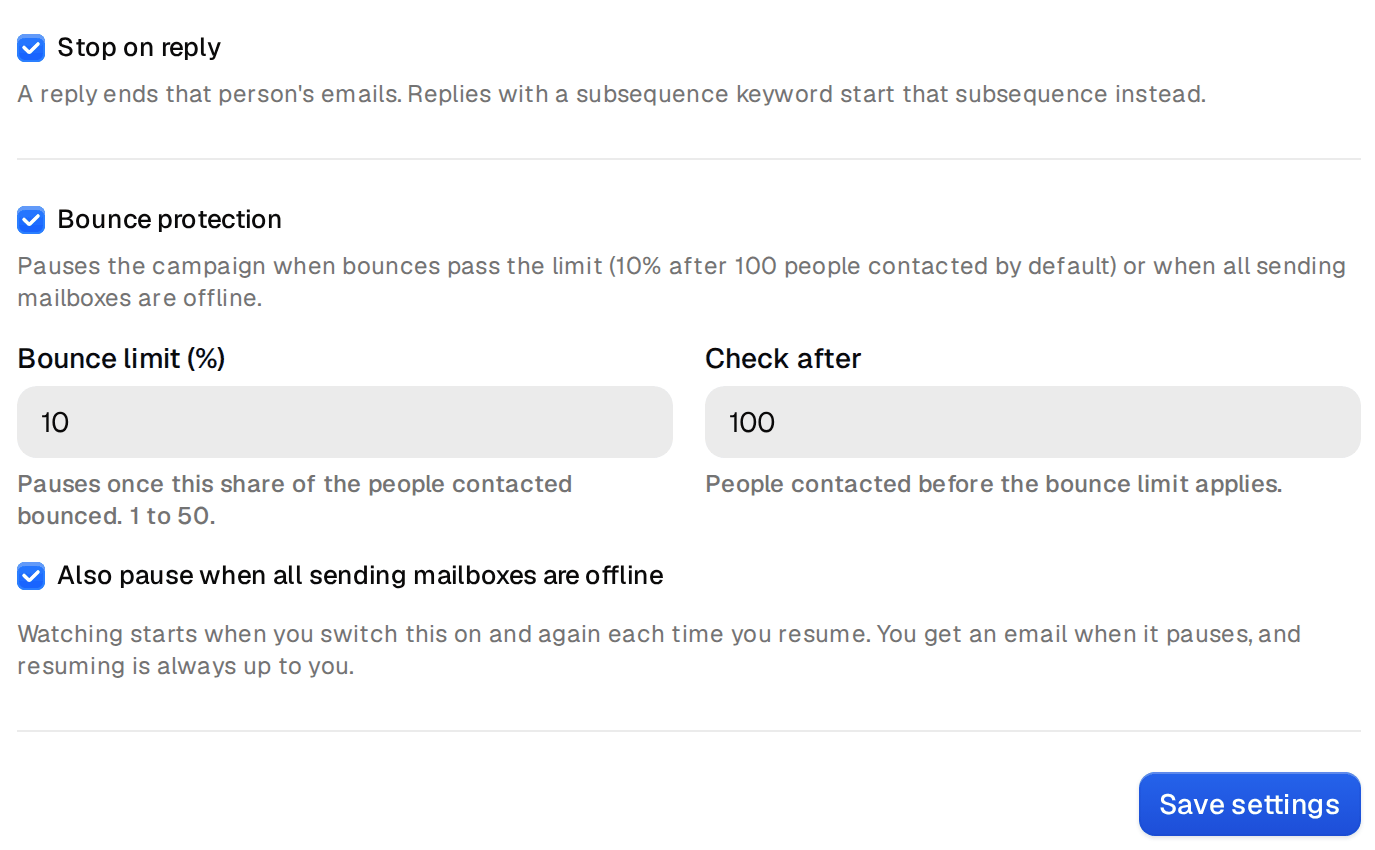 Campaign settings with Stop on reply and Bounce protection
