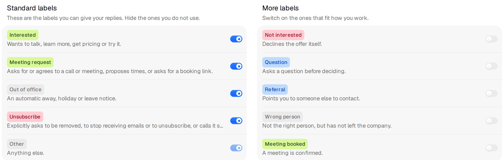 Workspace settings with standard and optional reply labels