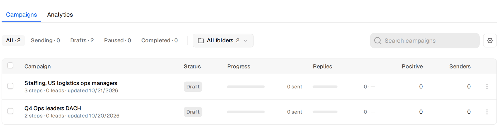 The Campaigns list with reply rate, positive and bounced columns