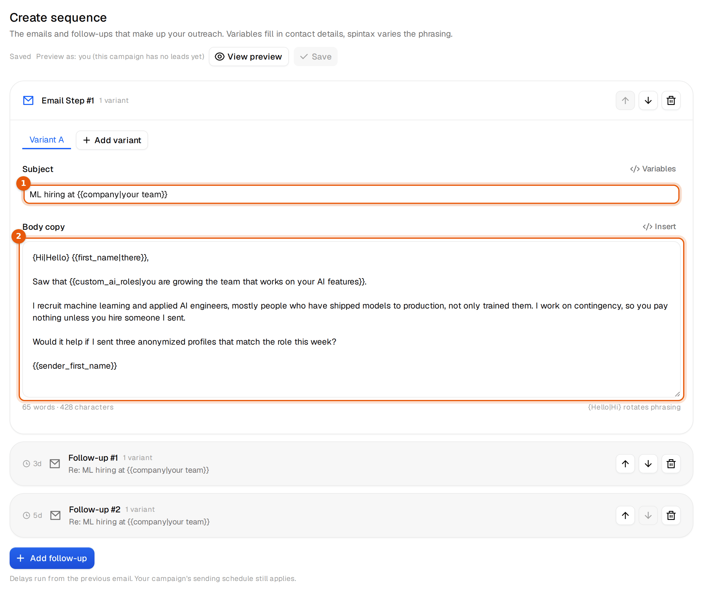 The email editor with the first email to engineering leaders and two follow-ups below