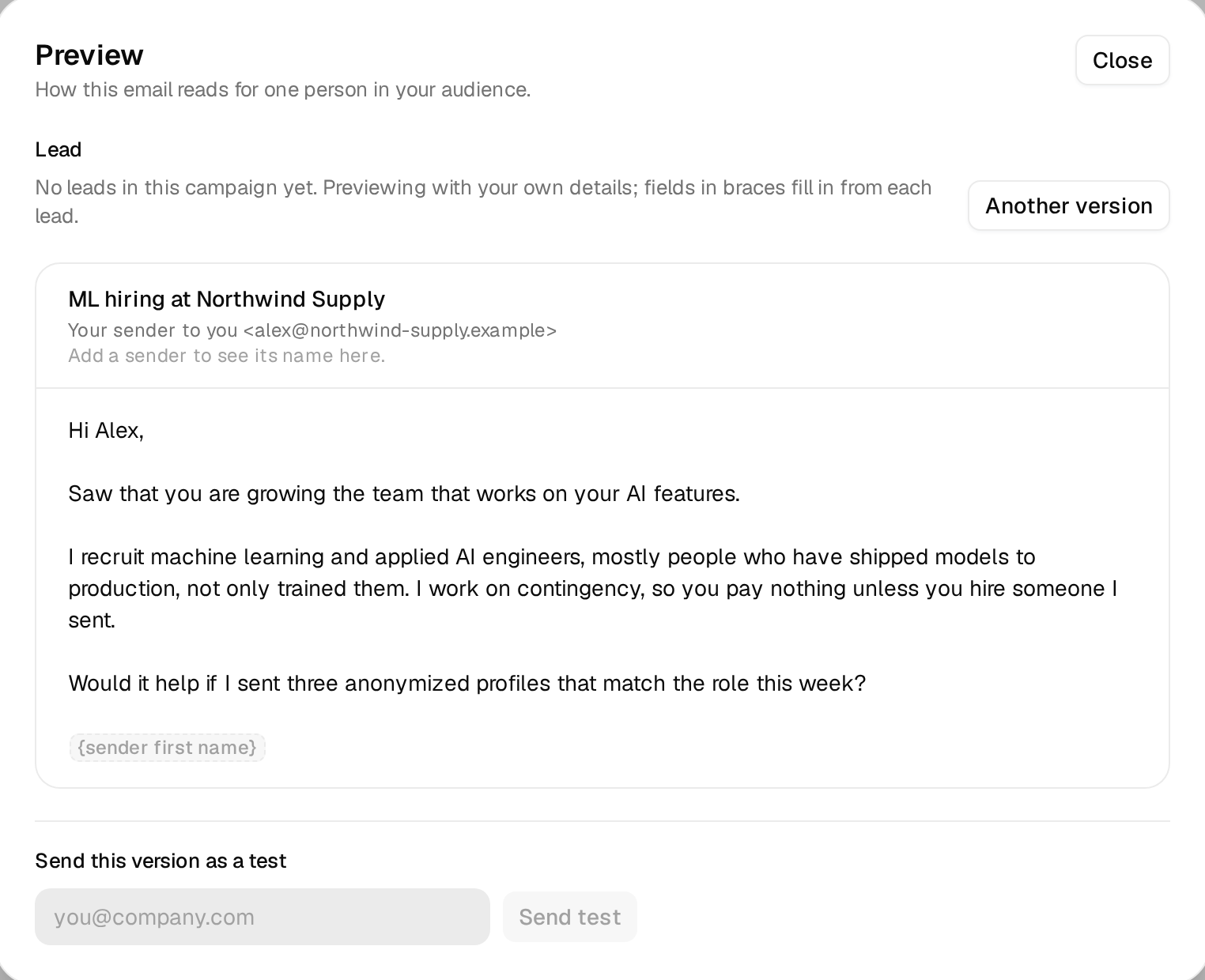 The preview of the first email with the fallback line filled in