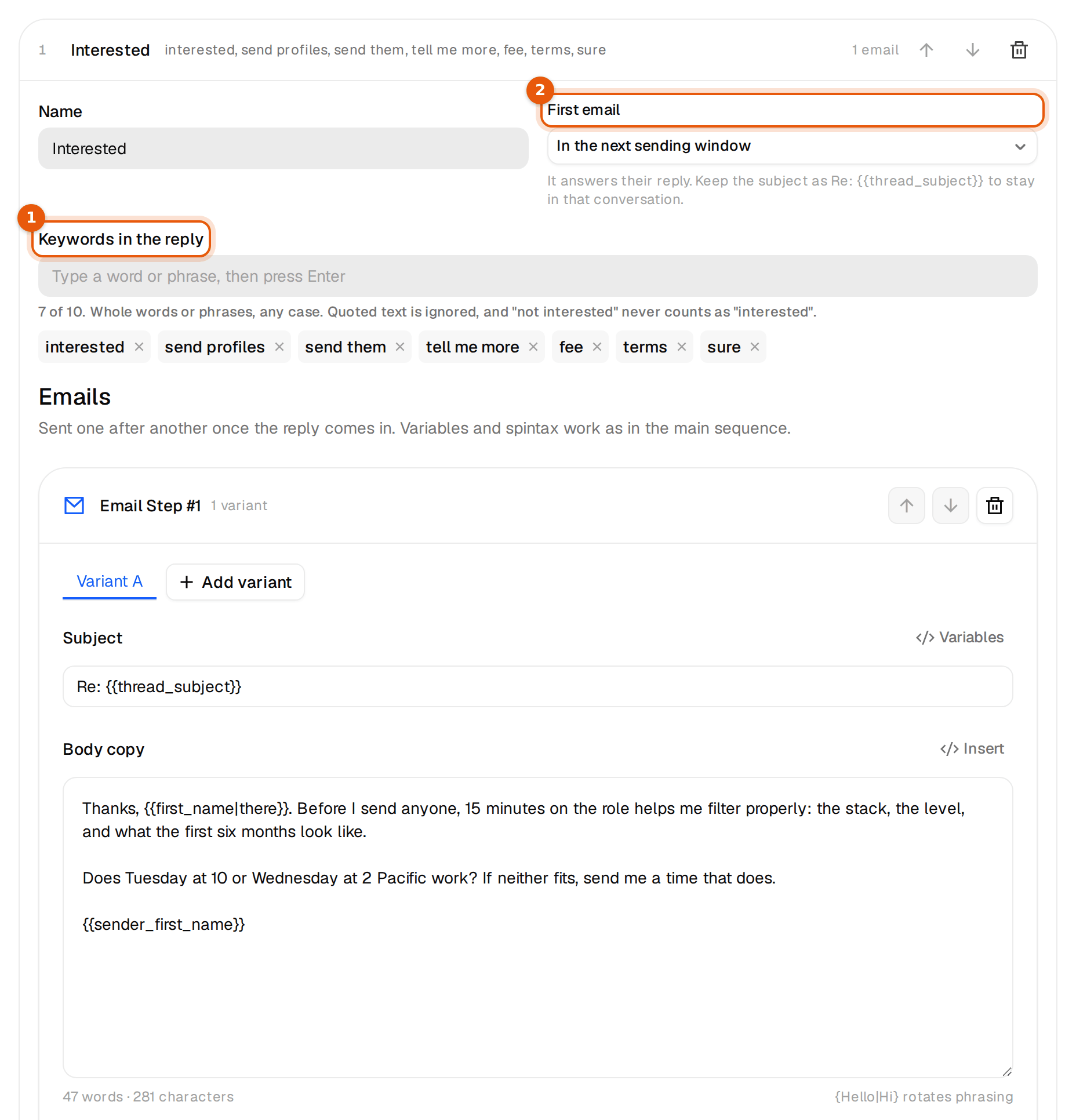 The Interested subsequence with recruiting keywords and its first email