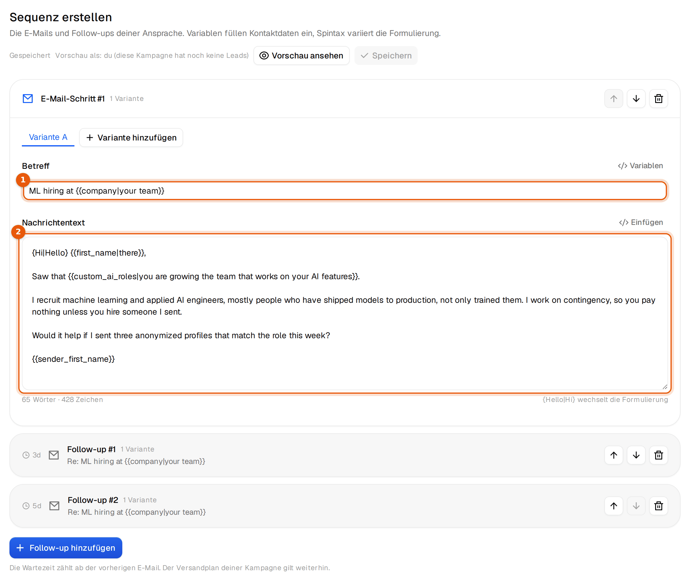 Der E-Mail-Editor mit der ersten Mail an Engineering-Verantwortliche und zwei Follow-ups darunter