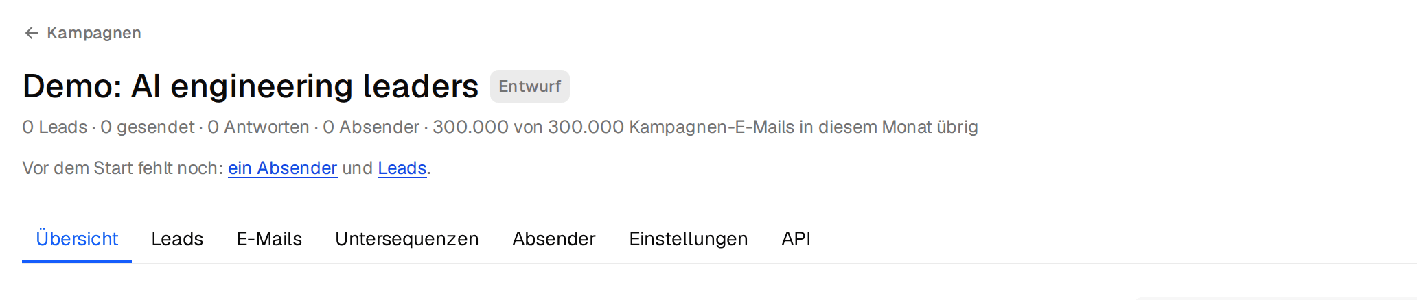 Der Kopf der Kampagne mit dem, was vor dem Start noch fehlt