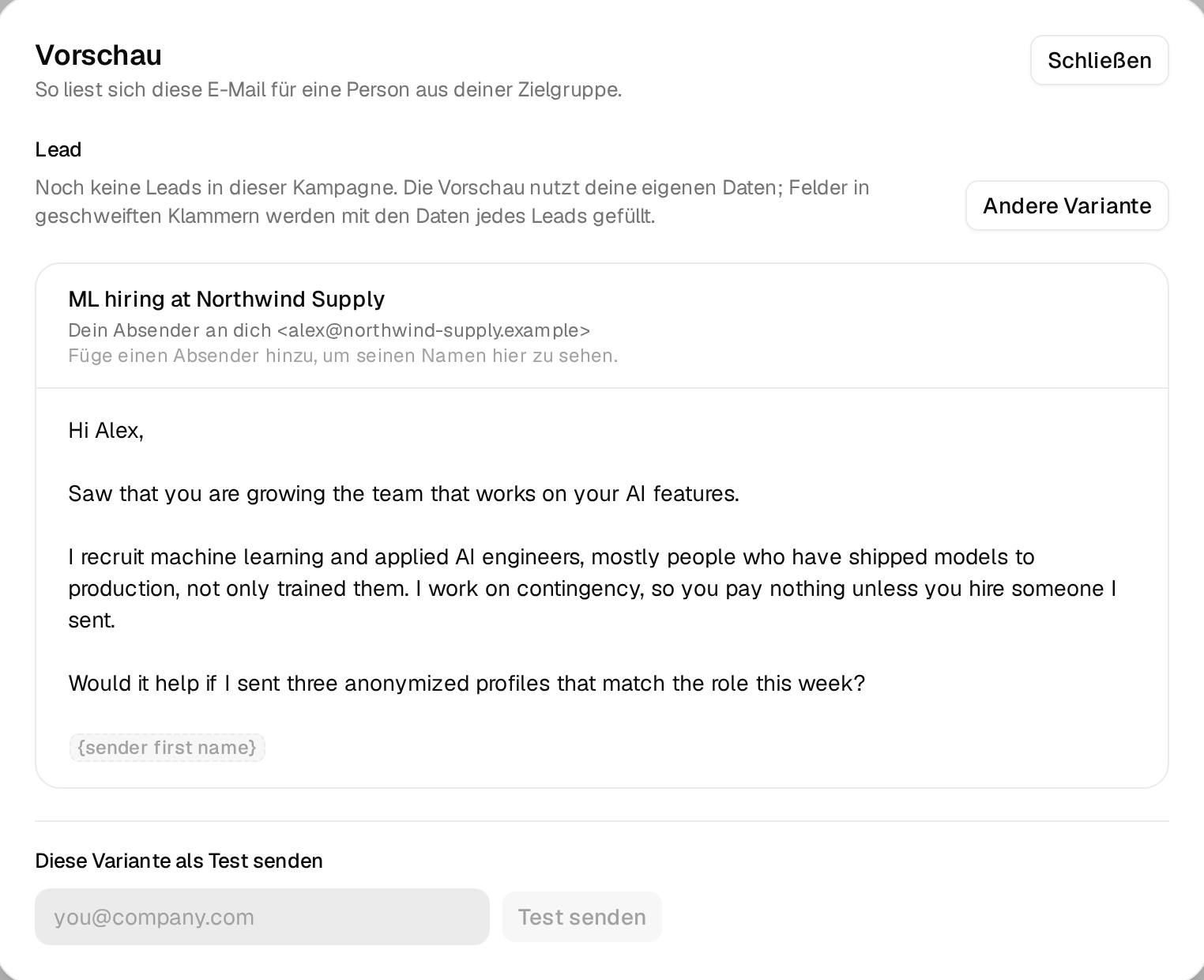 Die Vorschau der ersten Mail mit eingesetztem Ersatztext