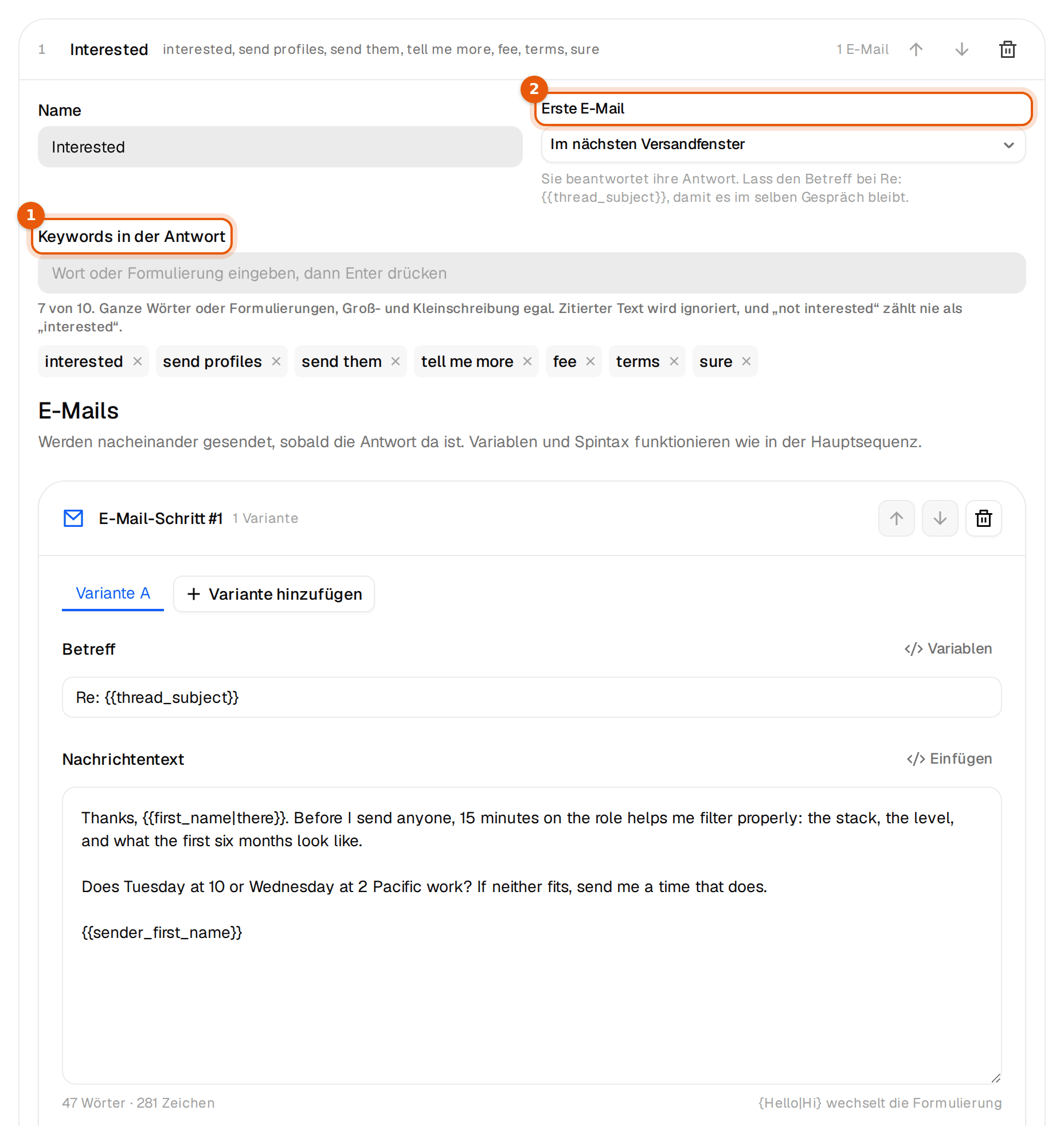 Die Untersequenz Interessiert mit Recruiting-Keywords und erster Mail