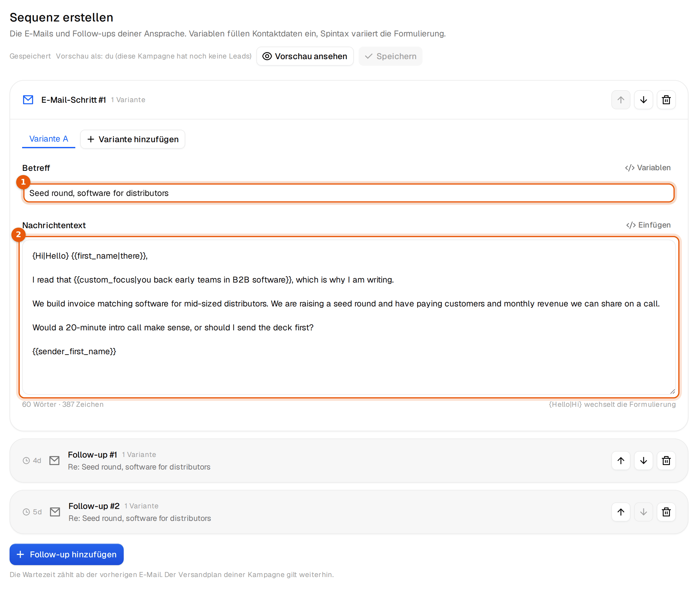 Der E-Mail-Editor mit der ersten Investorenmail und zwei Follow-ups darunter