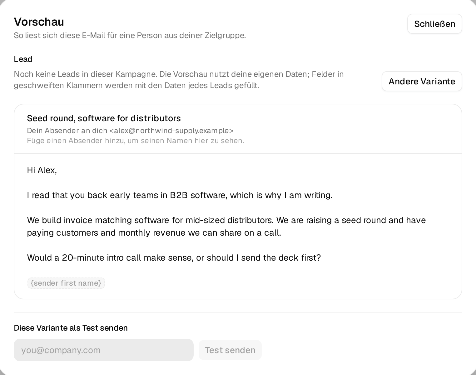 Die Vorschau der ersten Investorenmail mit eingesetztem Ersatztext