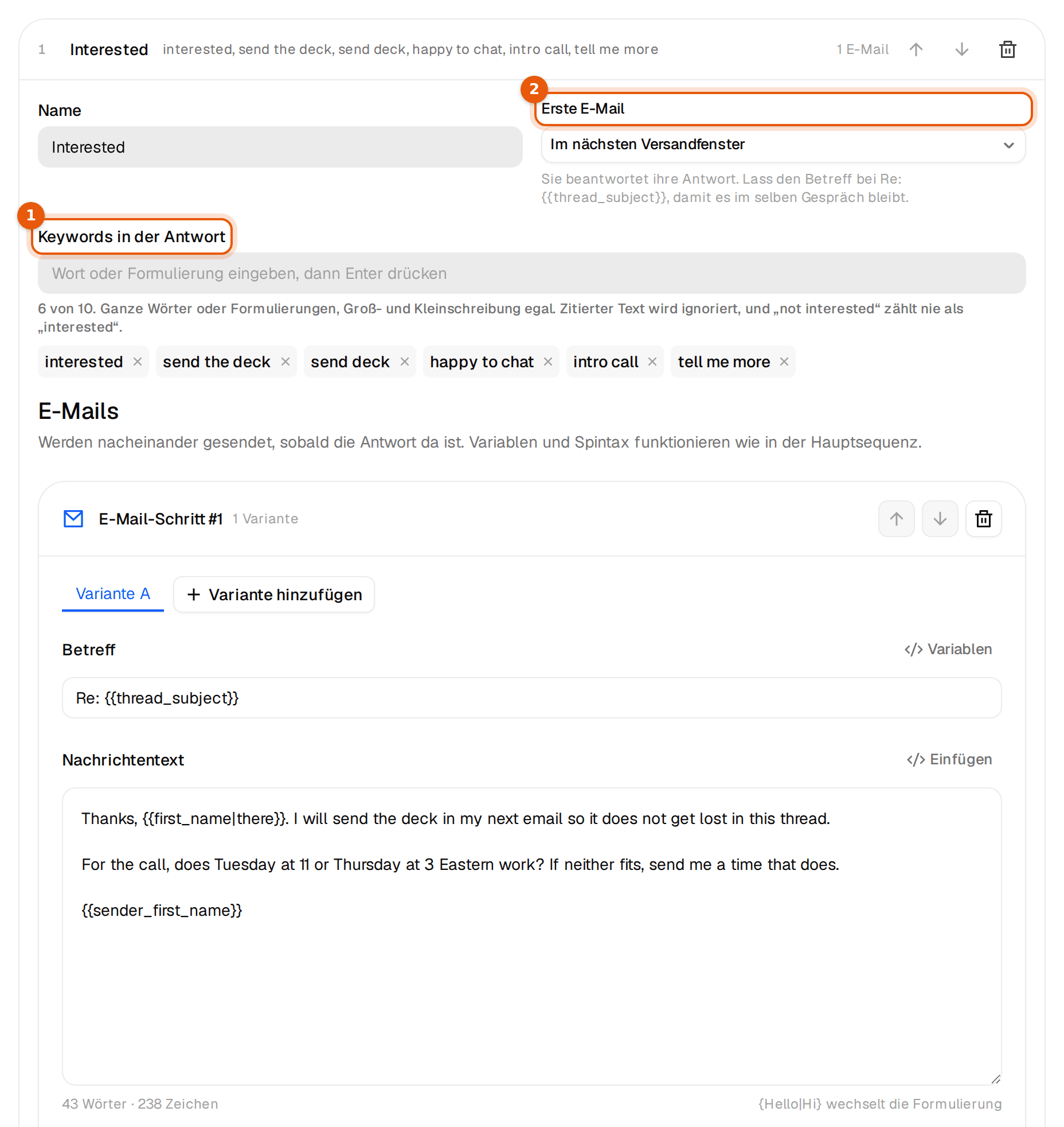 Die Untersequenz Interessiert mit Investoren-Keywords und erster Mail