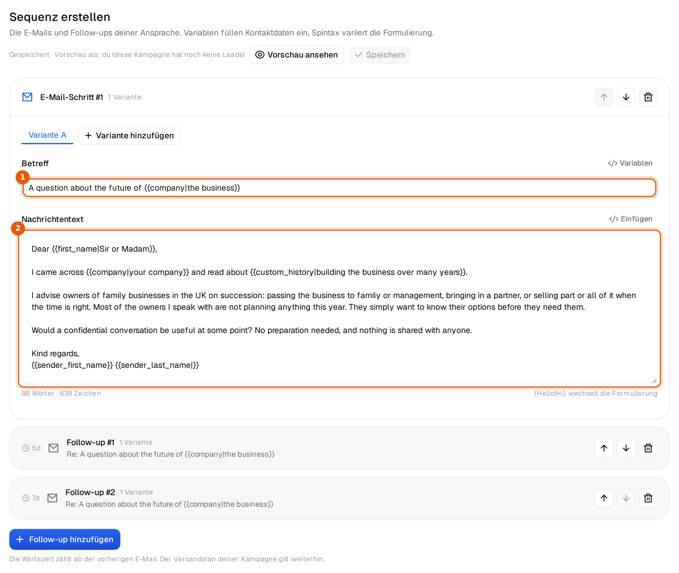 Der E-Mail-Editor mit der ersten Mail an Inhaber von Familienunternehmen und zwei Follow-ups