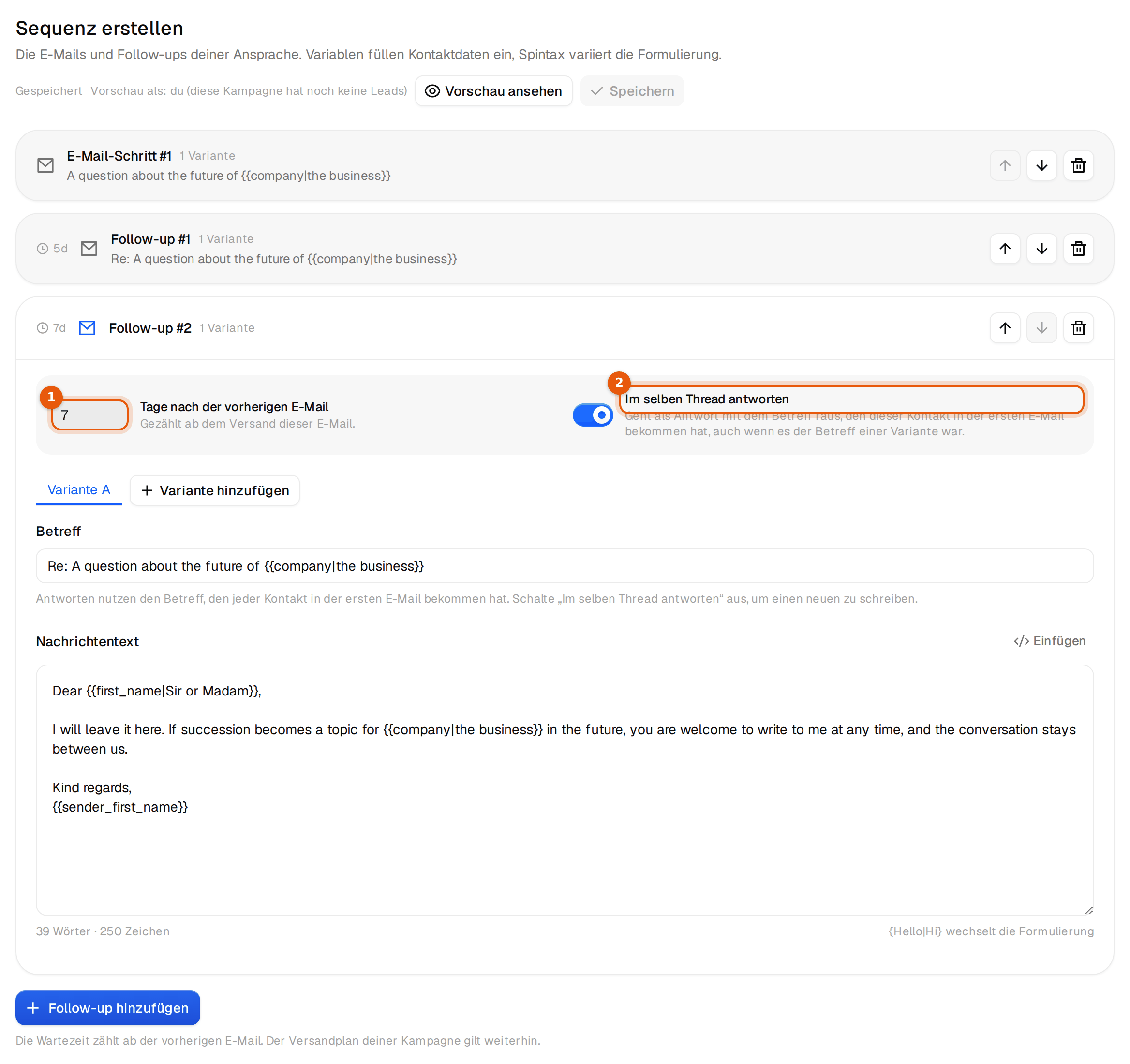 Follow-up zwei, sieben Tage nach der vorherigen Mail, im selben Thread