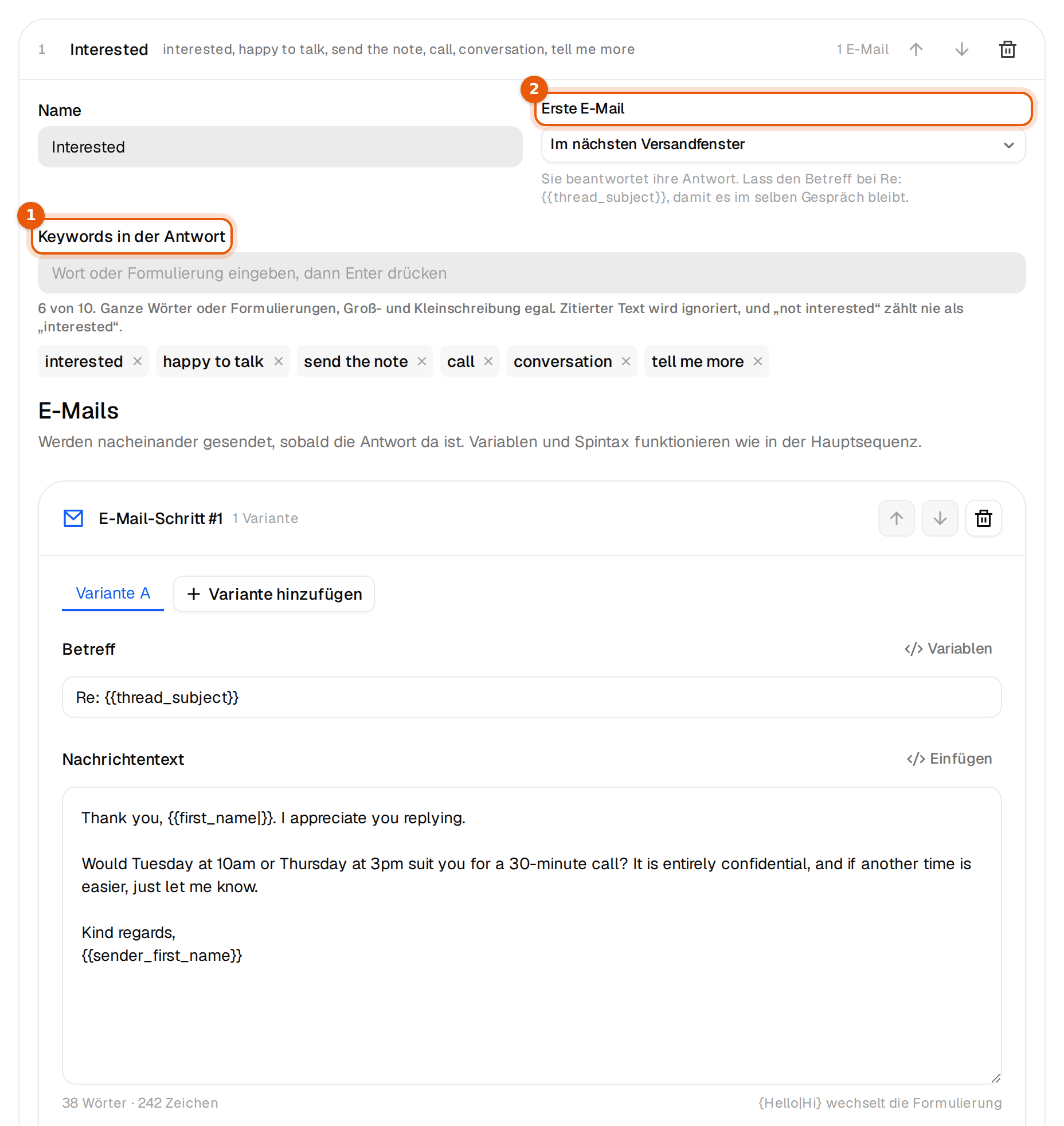 Die Untersequenz Interessiert mit Keywords und erster Mail