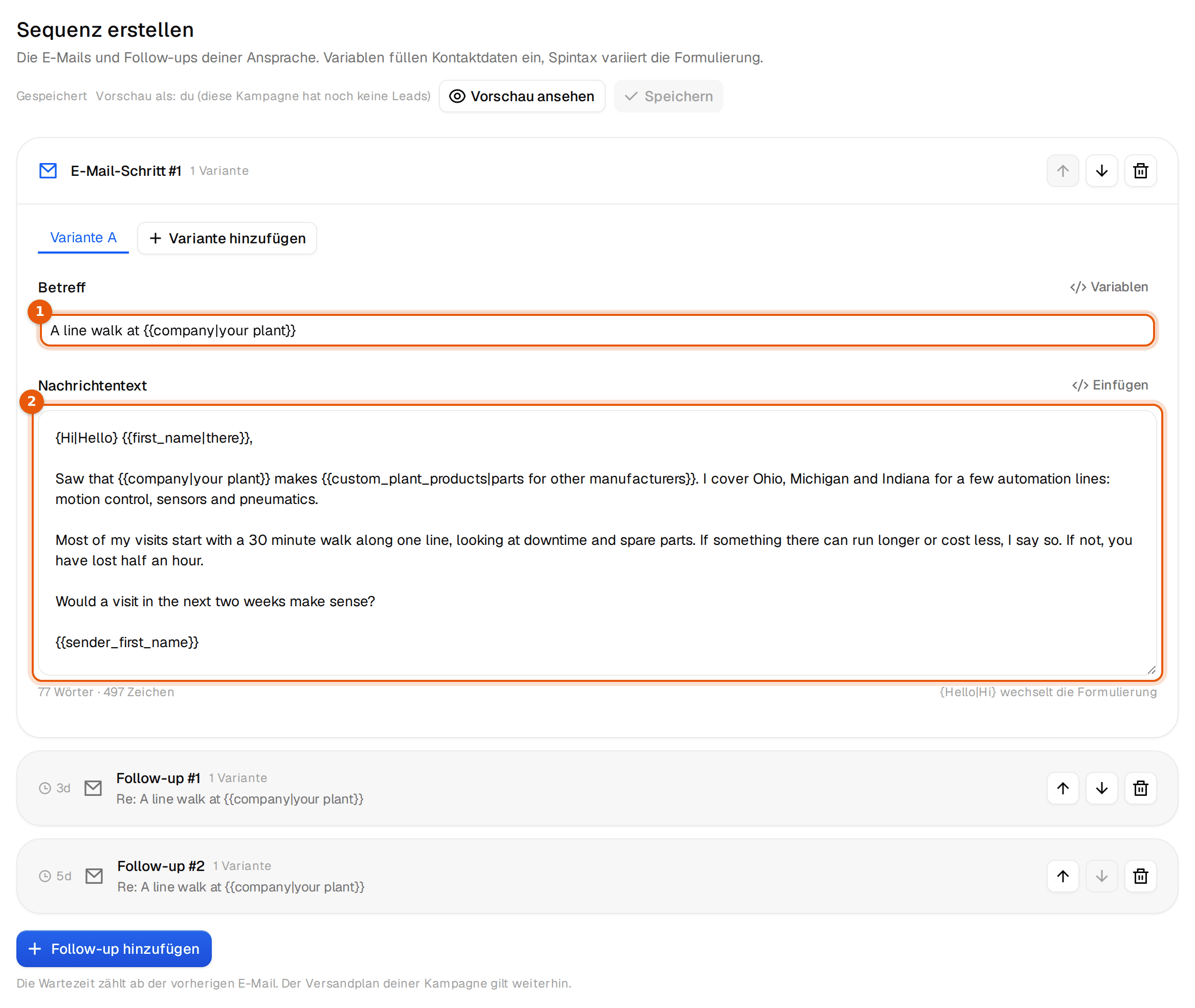 Der E-Mail-Editor mit der ersten Mail der Gebietskampagne und zwei Follow-ups darunter