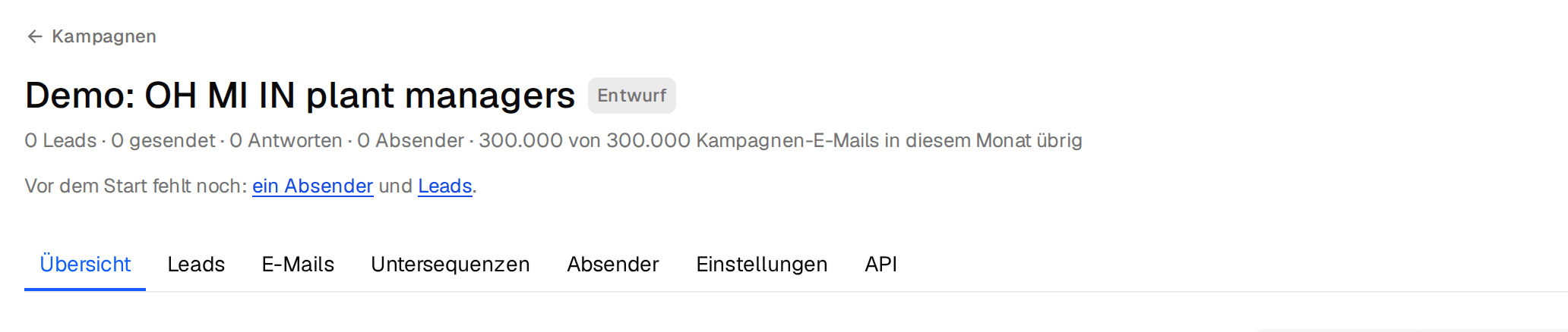 Der Kopf der Kampagne mit dem, was vor dem Start noch fehlt