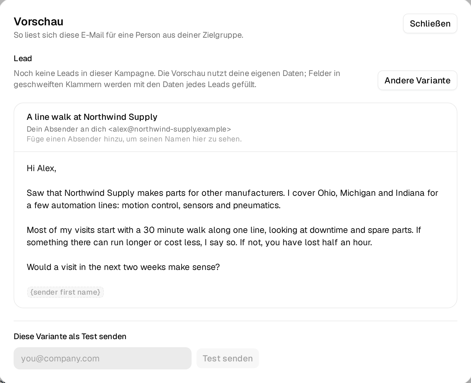 Die Vorschau der ersten Mail mit eingesetzten Ersatztexten