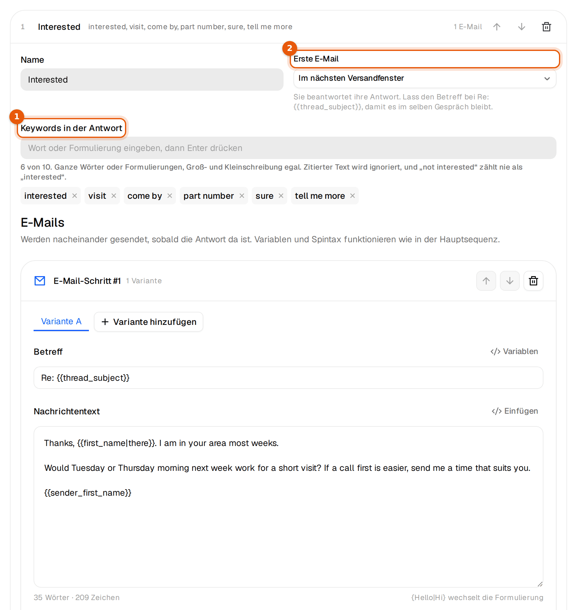 Die Untersequenz Interessiert mit Keywords und erster Mail
