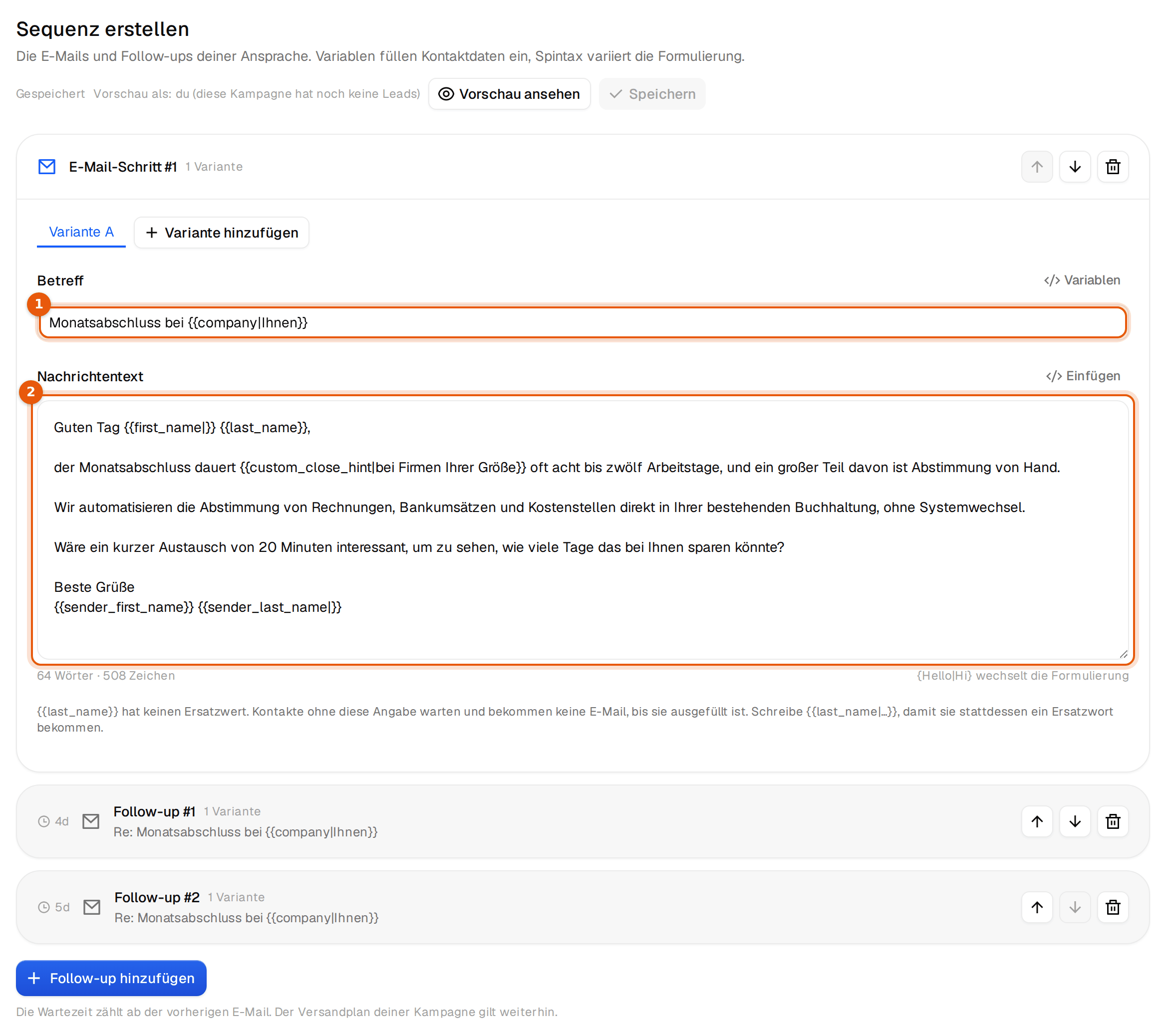 Der E-Mail-Editor mit der ersten deutschen Mail und zwei Follow-ups darunter