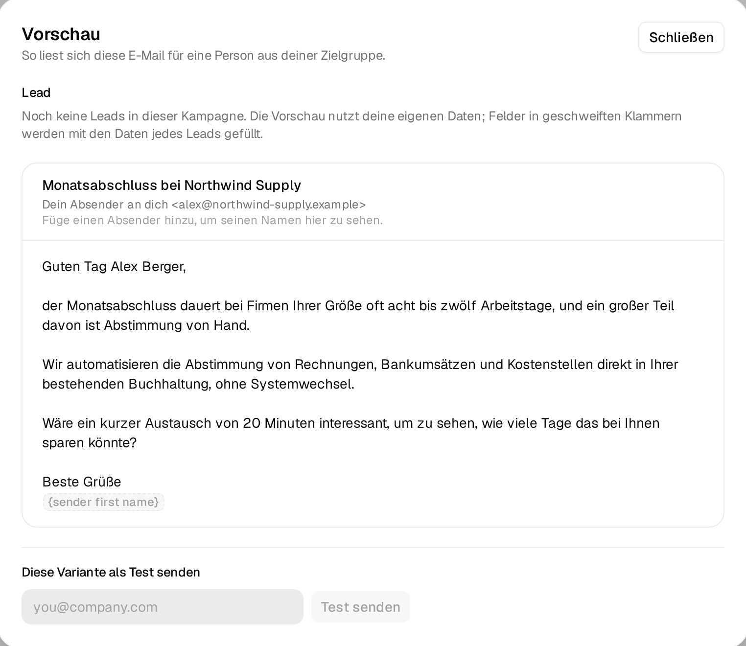 Die Vorschau der ersten Mail mit eingesetztem Ersatztext
