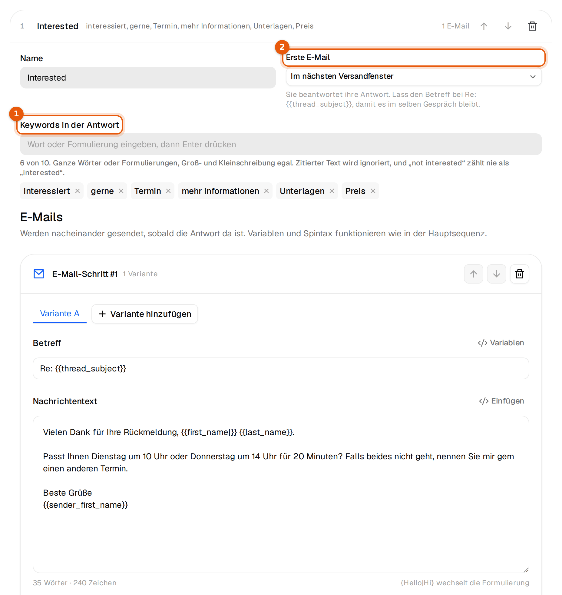 Die Untersequenz Interessiert mit deutschen Keywords und erster Mail