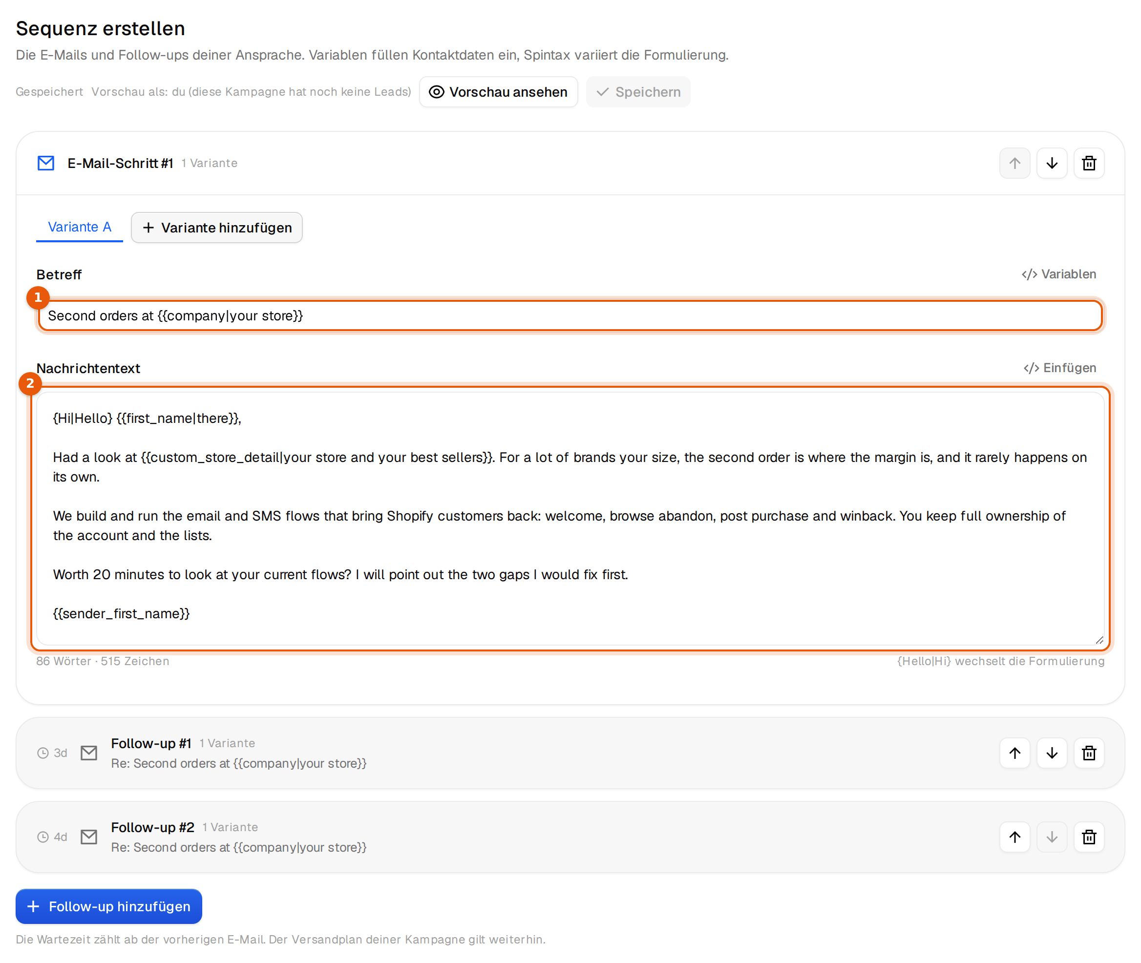 Der E-Mail-Editor mit der ersten Mail der Shopify-Kampagne und zwei Follow-ups darunter