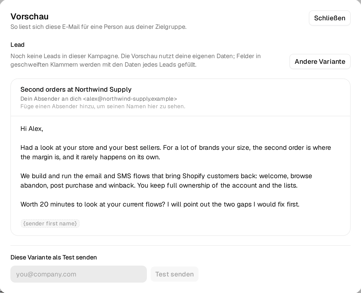 Die Vorschau der ersten Mail mit eingesetztem Ersatztext