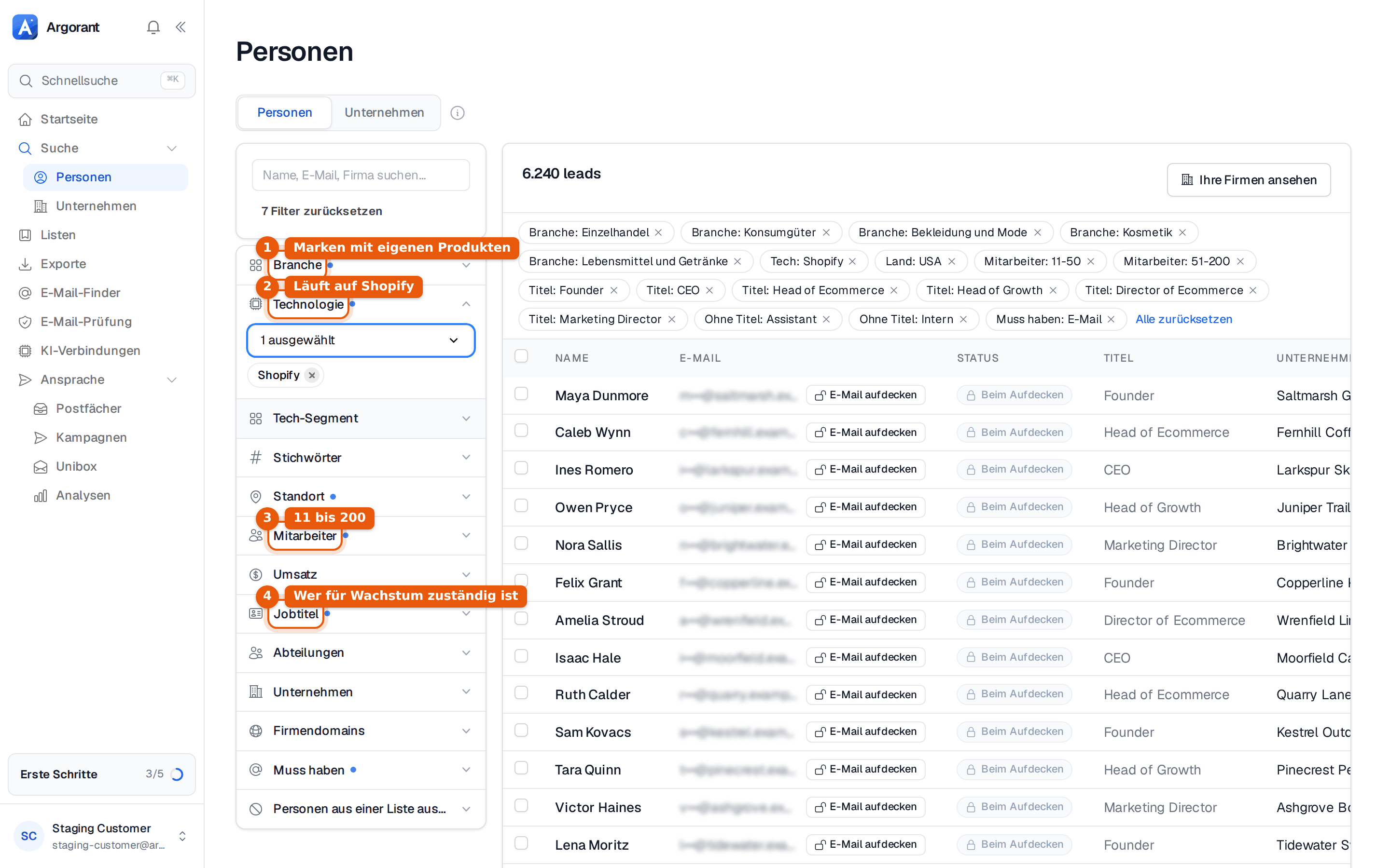 Personensuche mit Branchen, Technologie Shopify, Firmengröße und Jobtiteln