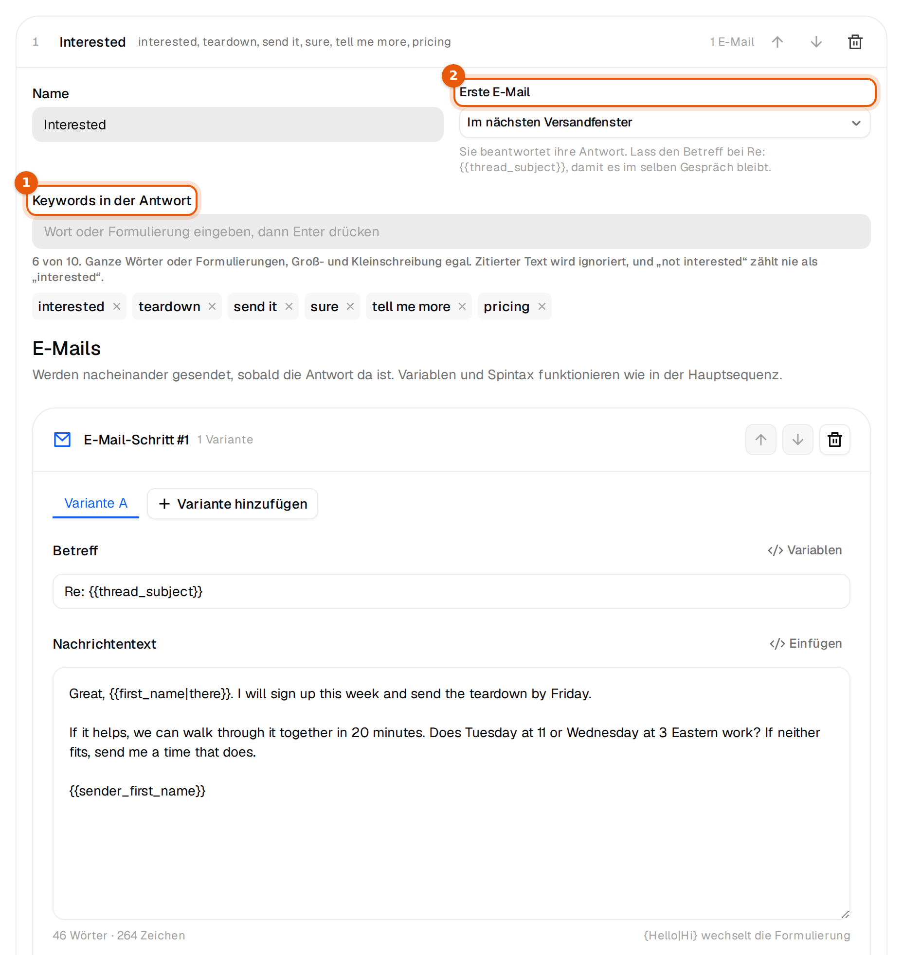 Die Untersequenz Interessiert mit Keywords und erster Mail