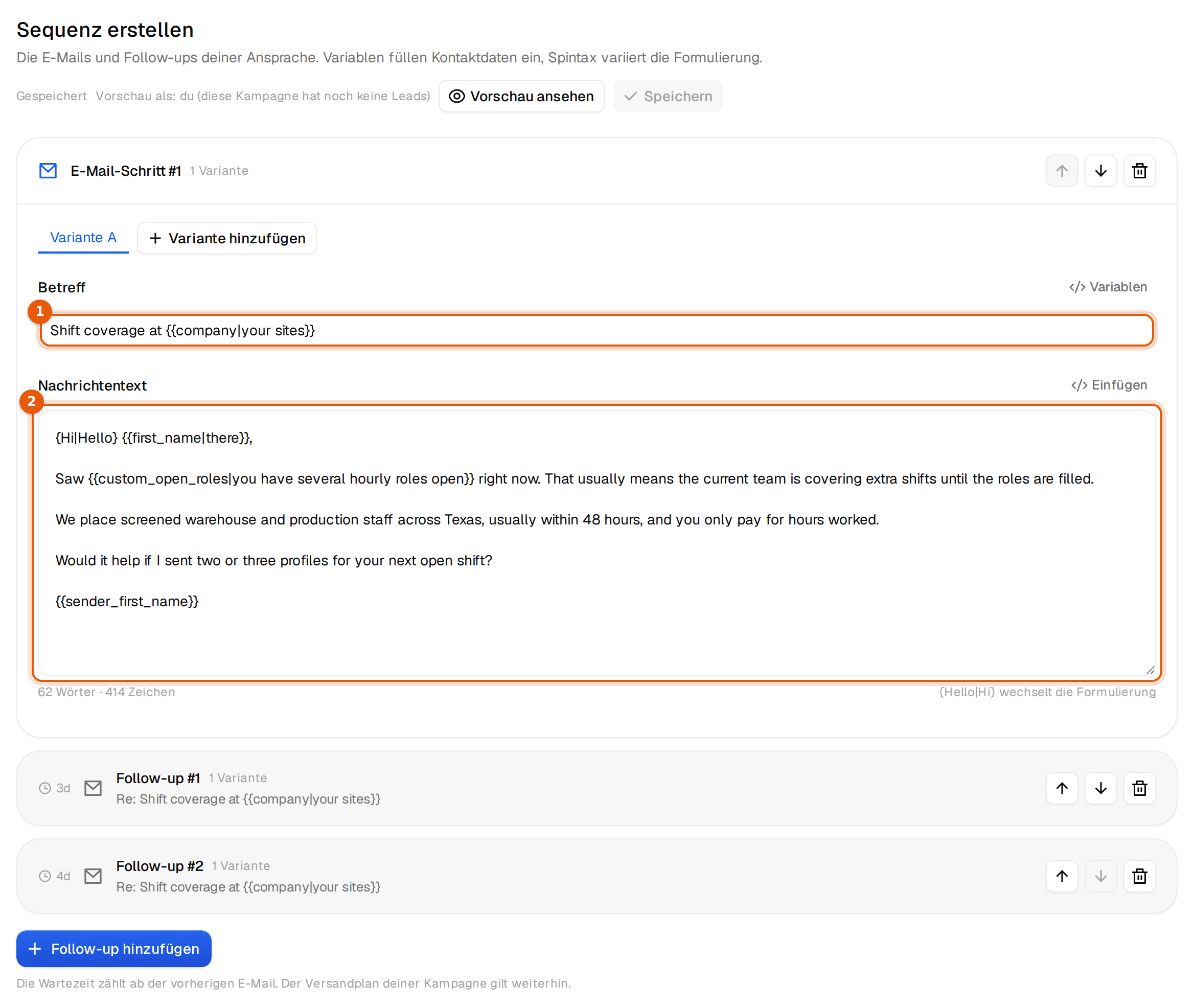 Der E-Mail-Editor mit der ersten Mail und zwei Follow-ups, die der Assistent gespeichert hat