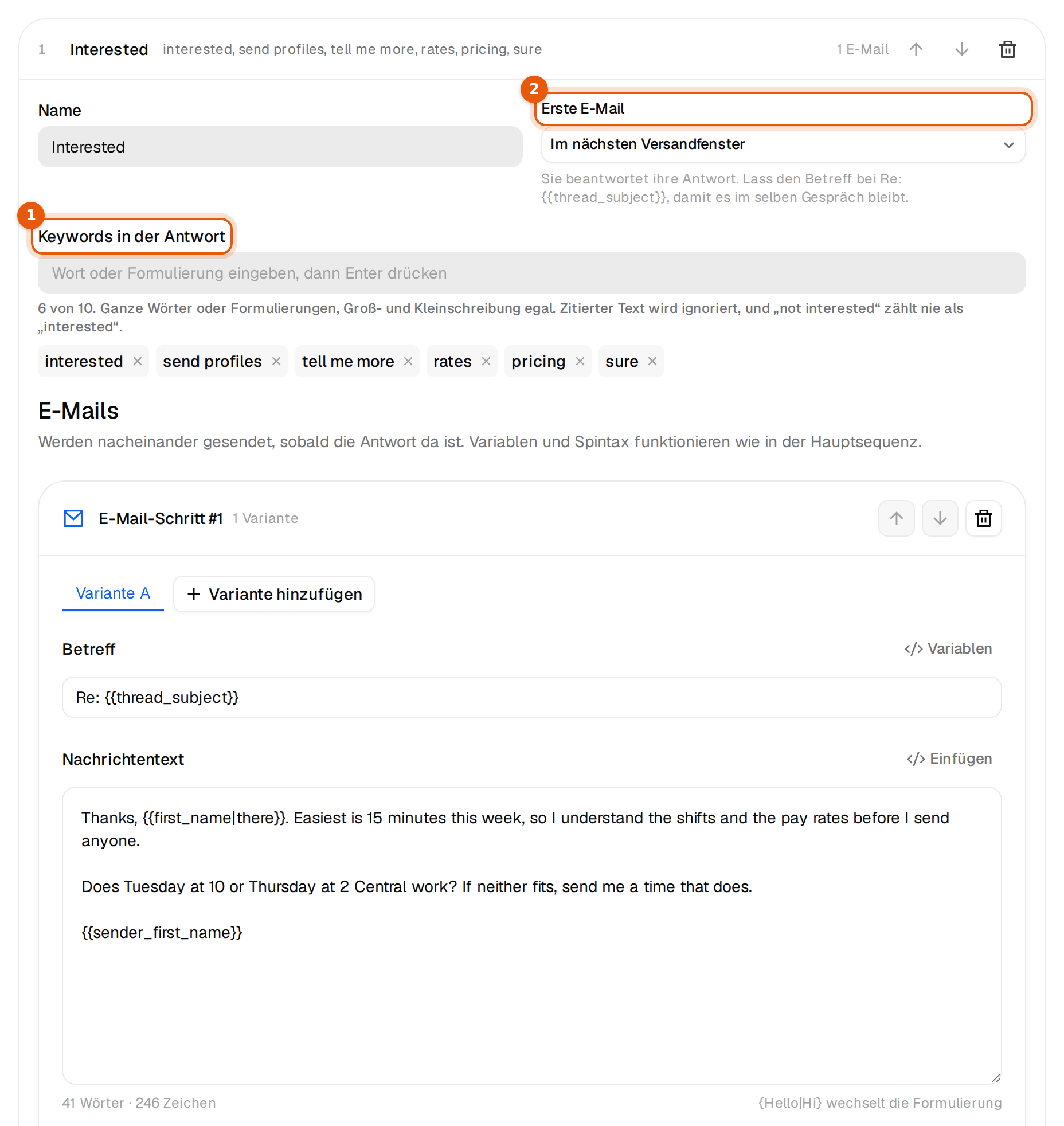 Die Untersequenz Interessiert mit Keywords und erster Mail