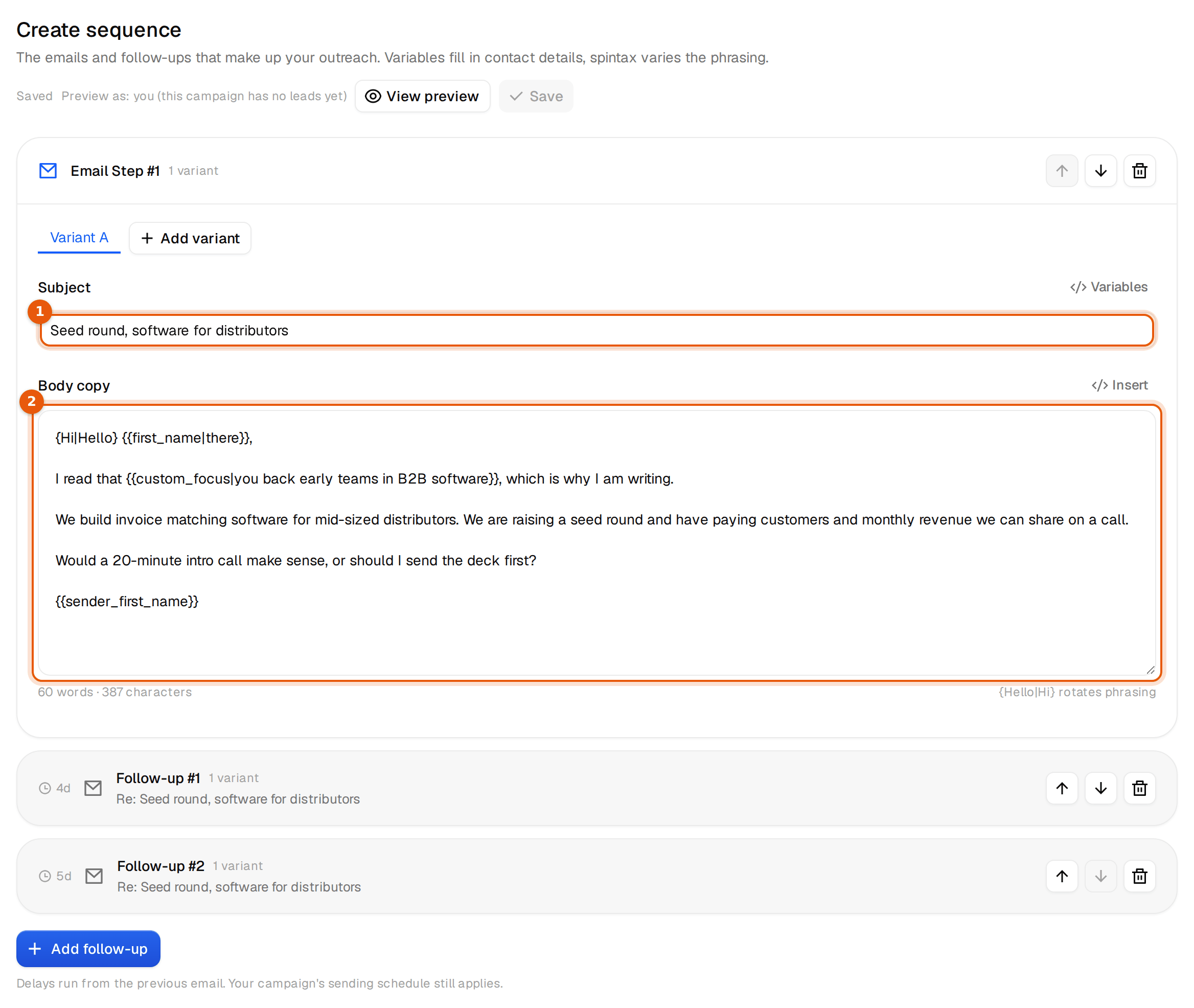 The email editor with the first investor email and two follow-ups below