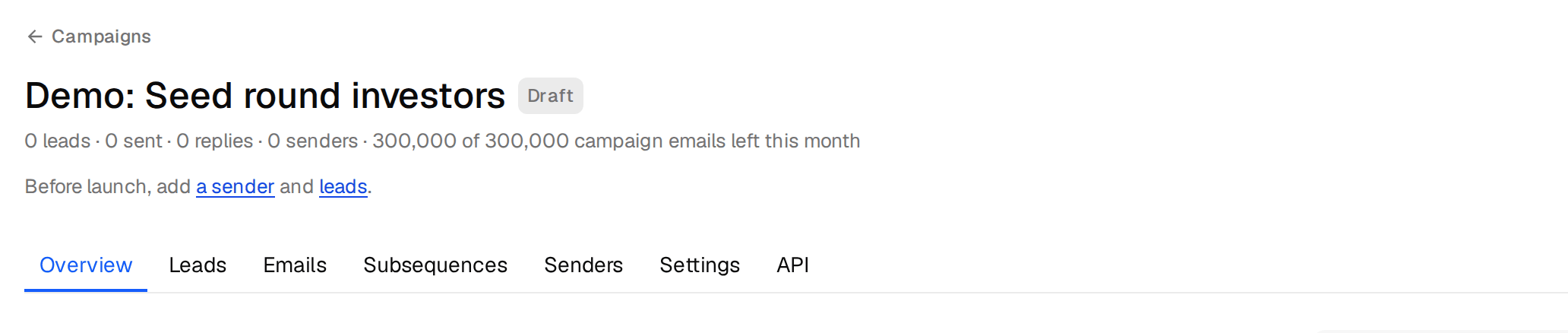 The campaign header saying what is still missing before launch