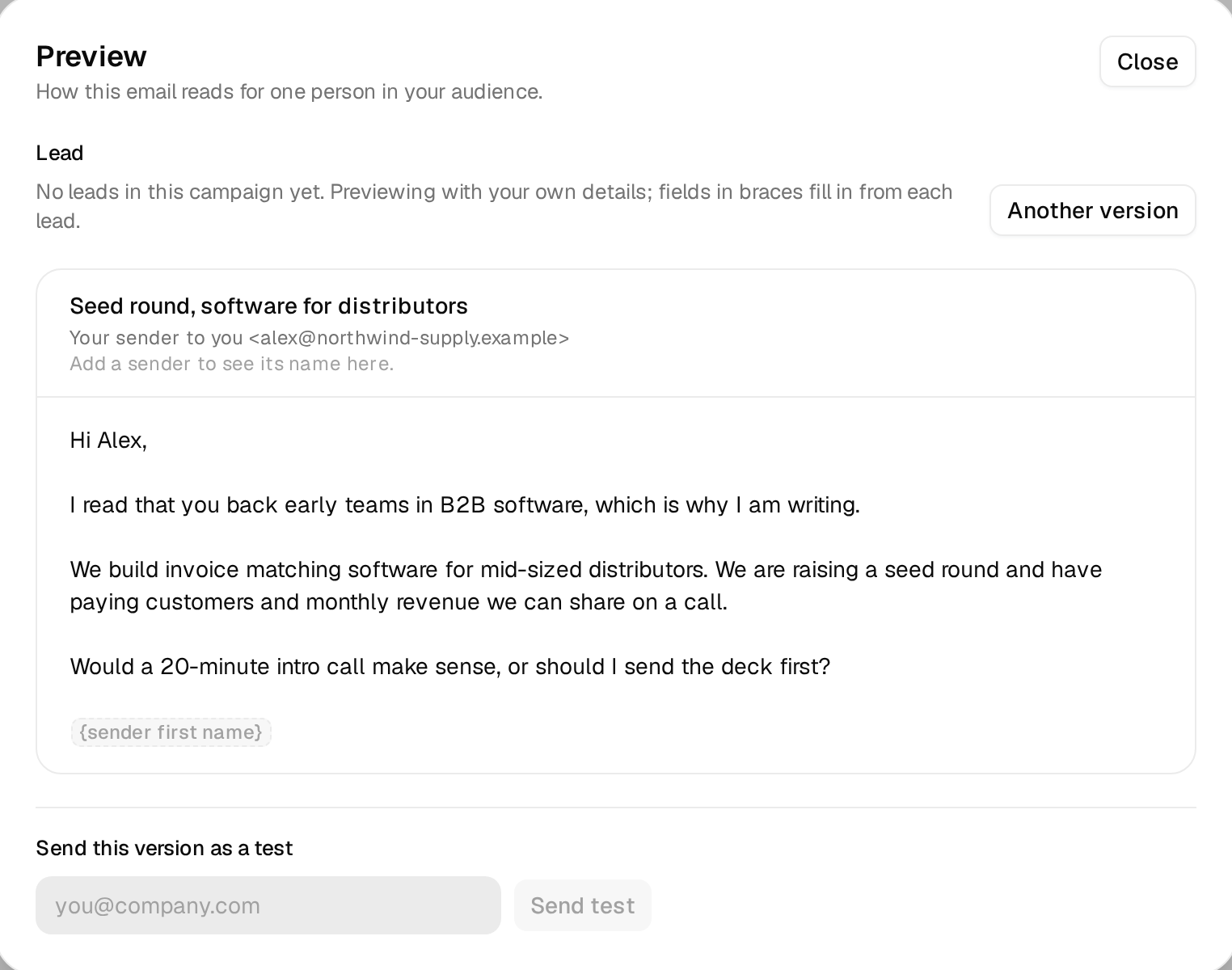 The preview of the first investor email with the fallback line filled in