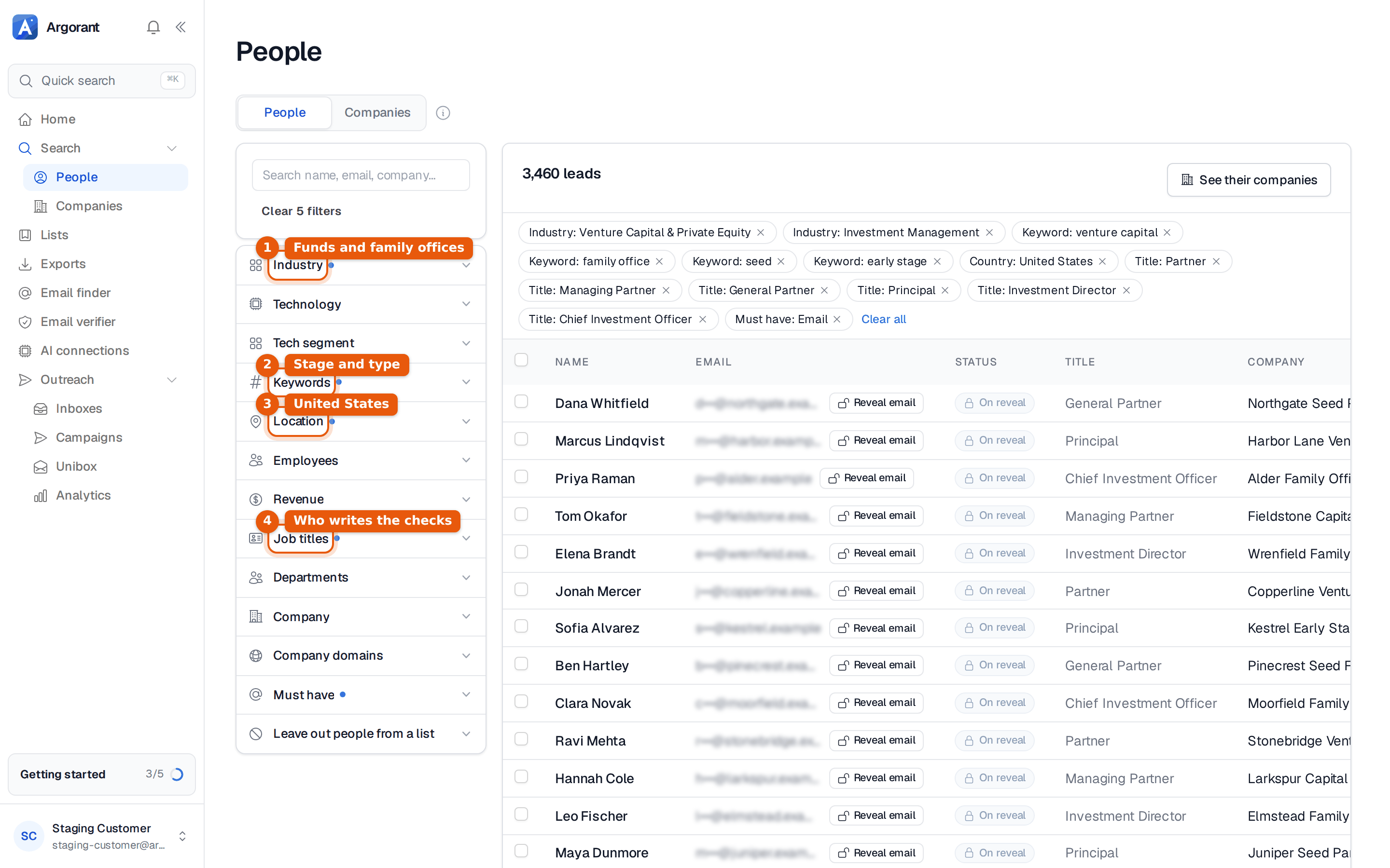 People search with venture and investment industries, stage keywords, United States and partner titles
