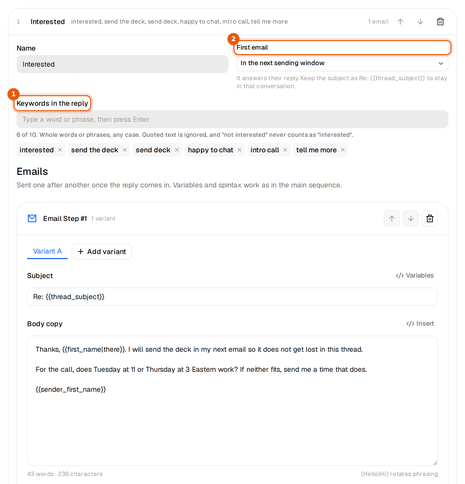 The Interested subsequence with investor keywords and its first email